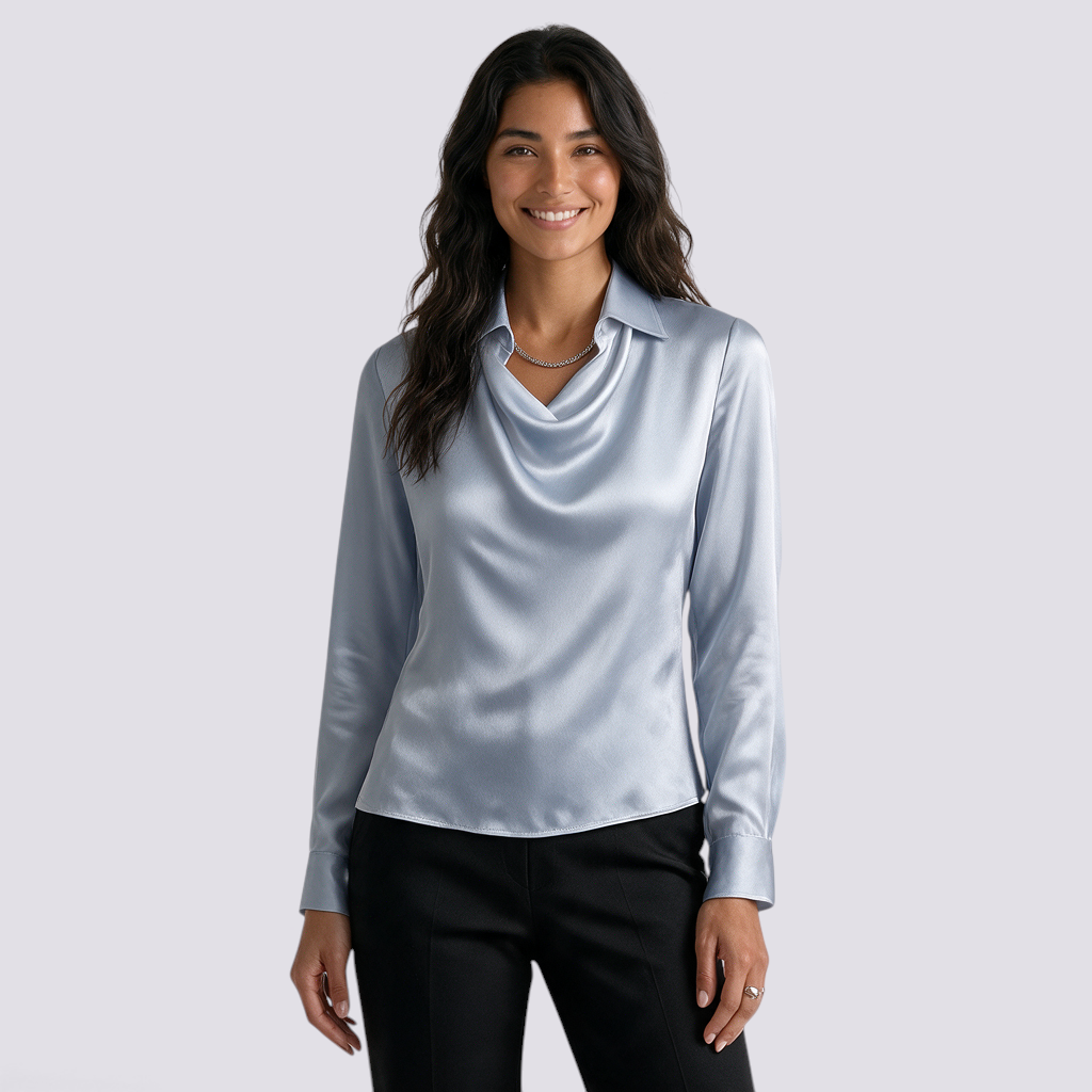 Blusa Mujer Cuello Solapa Manga Larga - Azul Front
