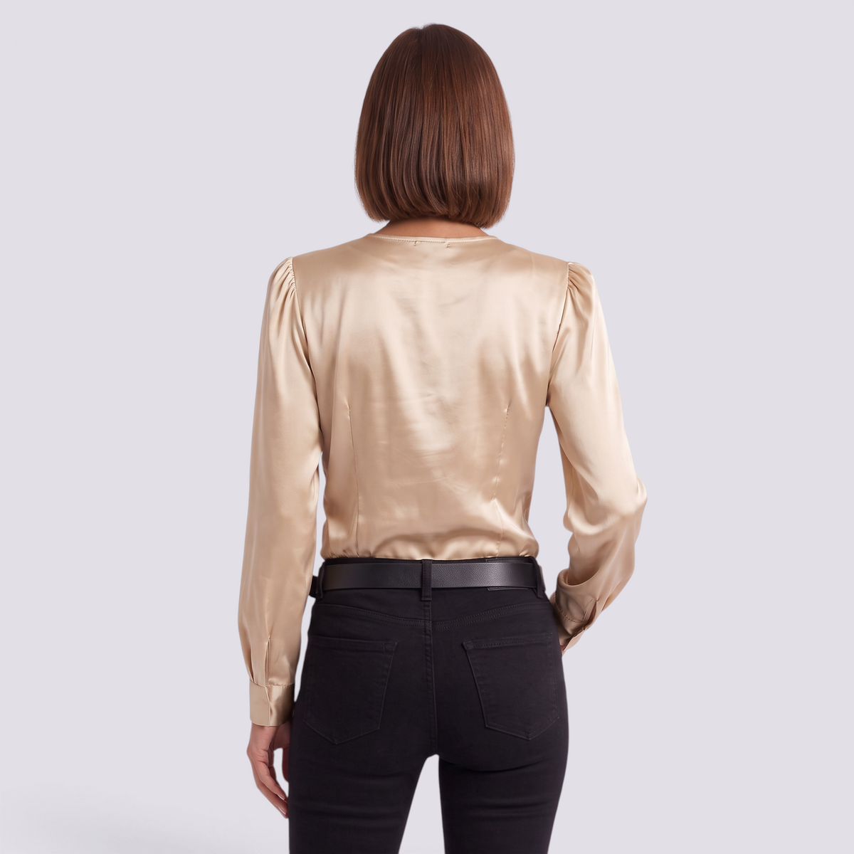 Blusa Satinada Mujer Escote Cruzado - Champán - Espalda