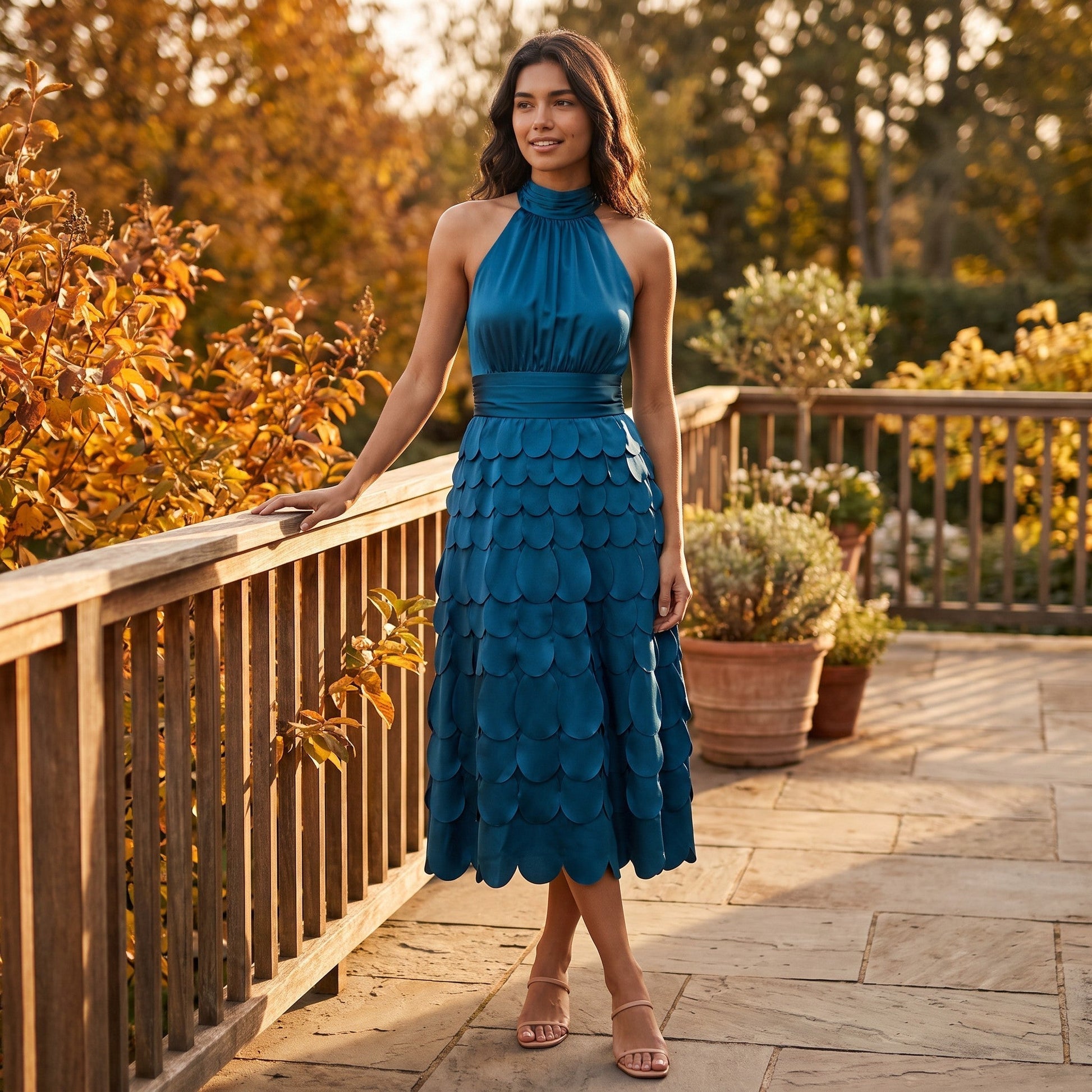 Vestido Midi Mujer Cuello Halter Diseño Geométrico - Azul Pavo Real - Lifestyle