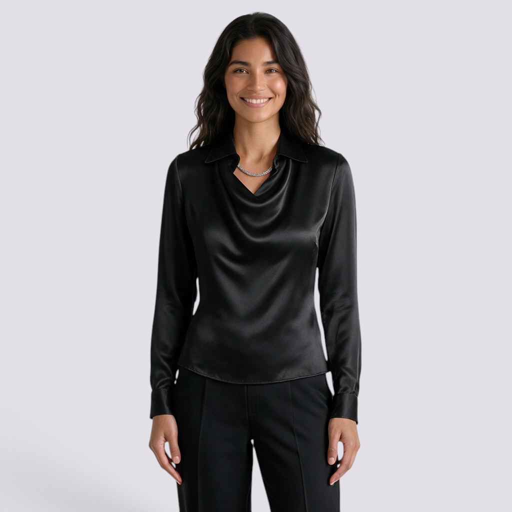 Blusa Mujer Cuello Solapa Manga Larga - Negro Front