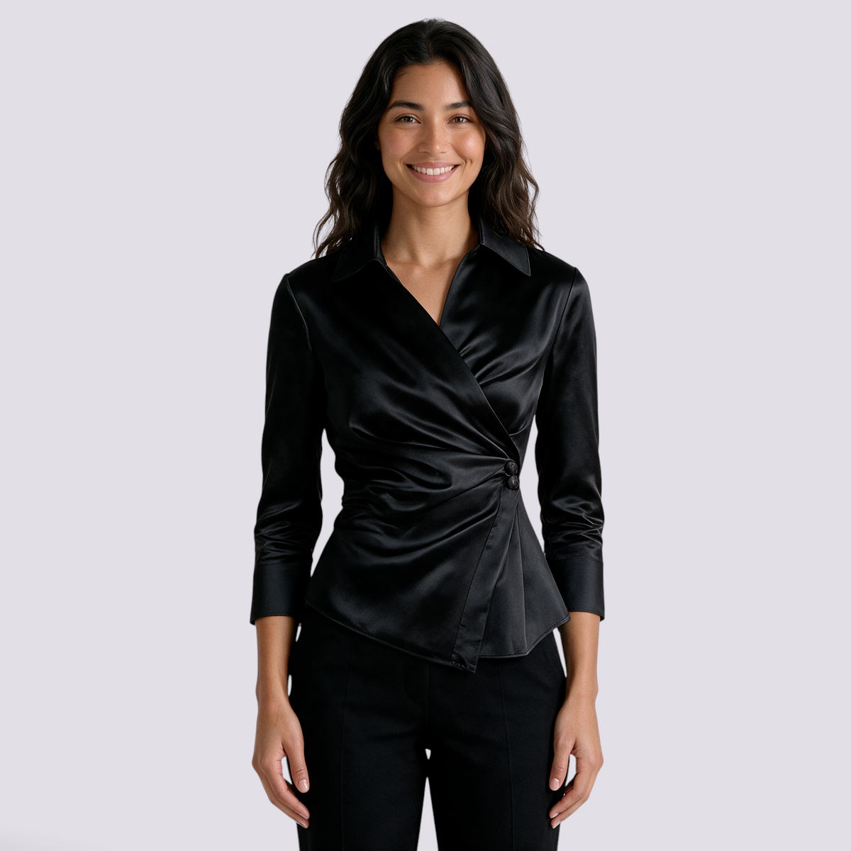 Camisa Satinada Mujer Cuello V Cruzada - Negro Front