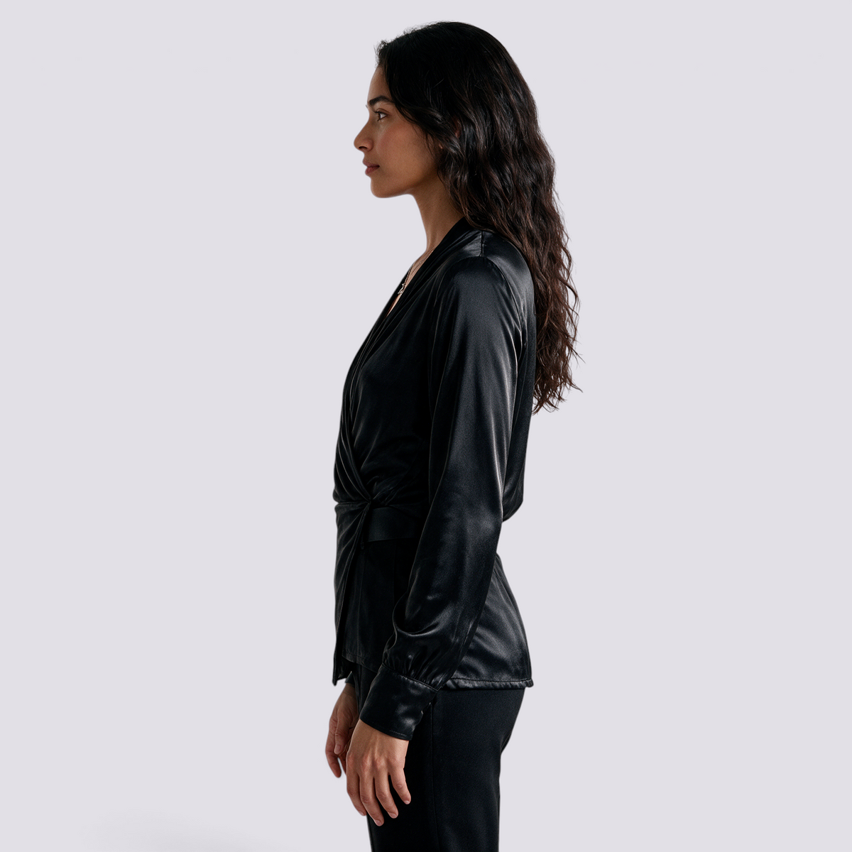Camisa Satinada Mujer Escote Cruzado Elegante - Negro Side