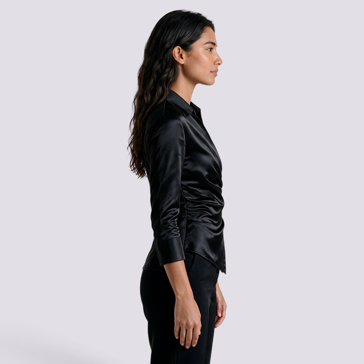 Camisa Satinada Mujer Cuello V Cruzada - Negro Side