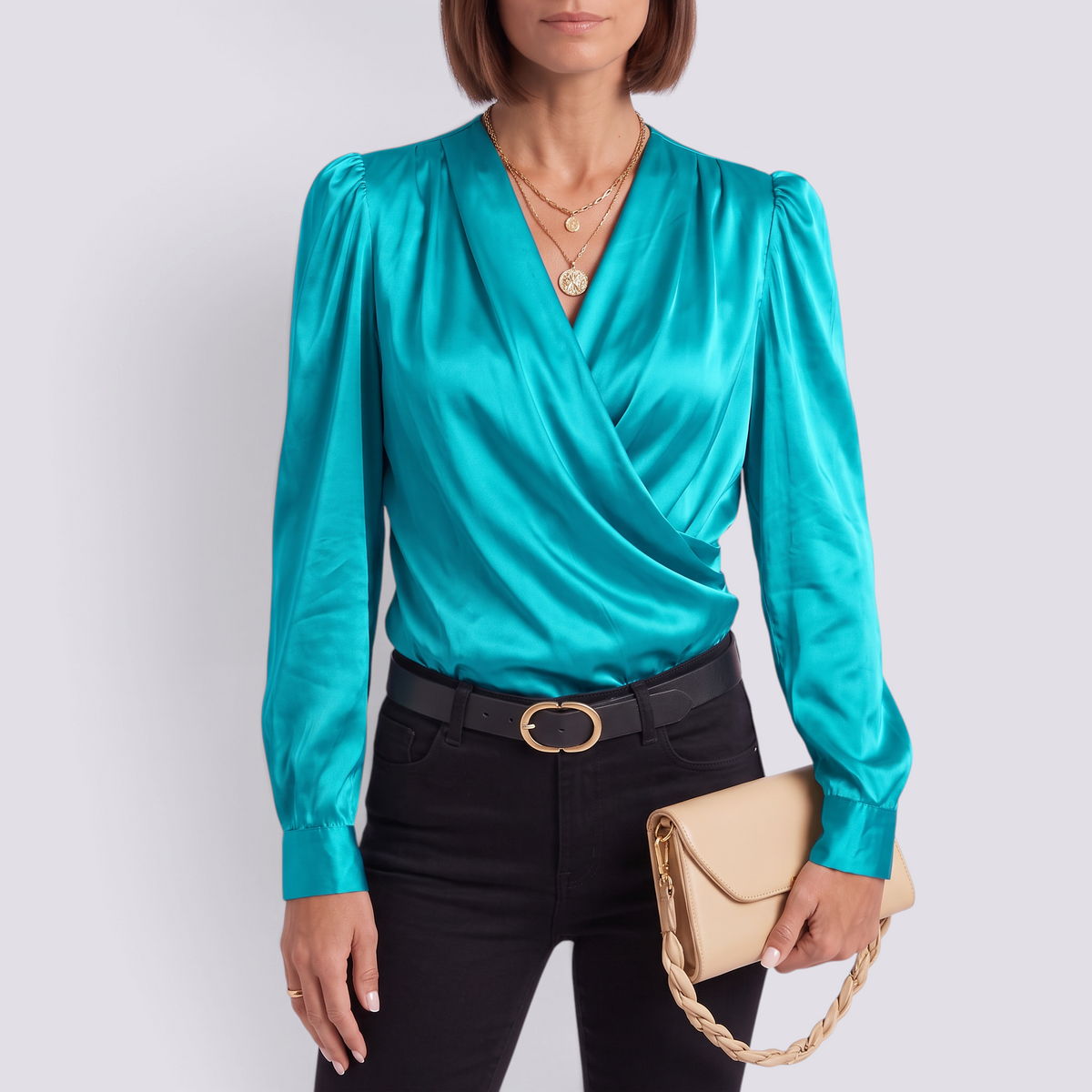 Blusa Satinada Mujer Escote Cruzado - Azul Pavo Real - Frente