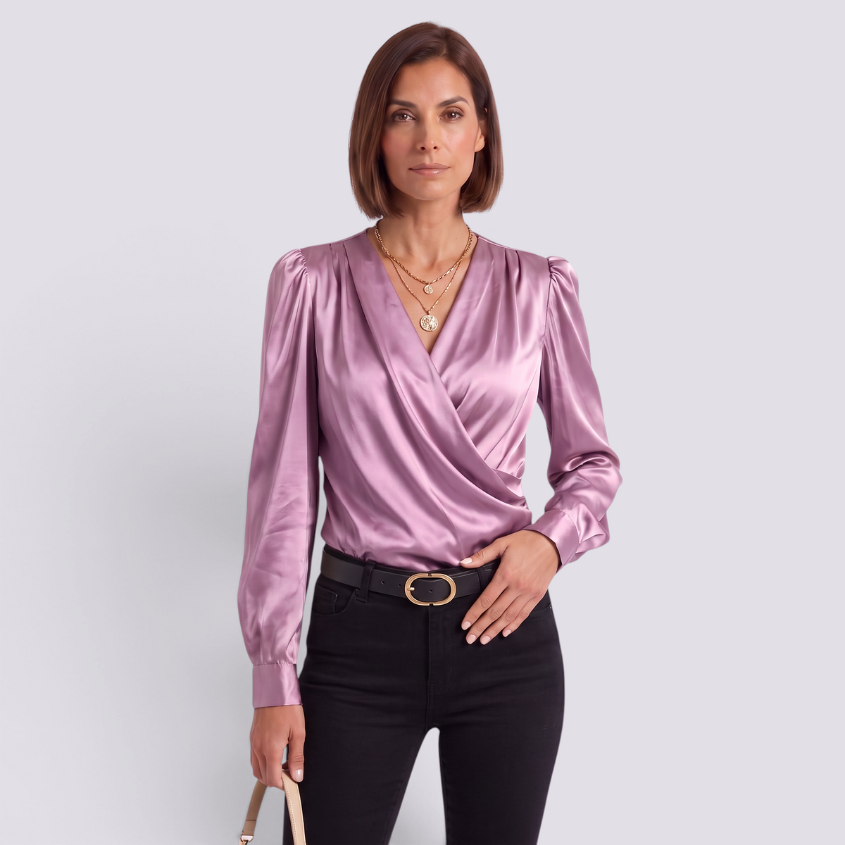 Blusa Satinada Mujer Escote Cruzado - Púrpura - Frente
