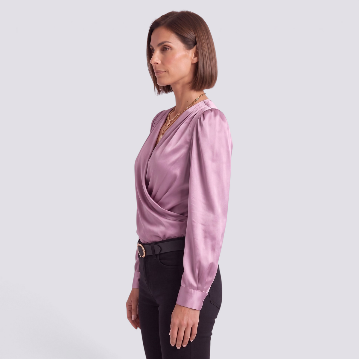 Blusa Satinada Mujer Escote Cruzado - Púrpura - Lateral