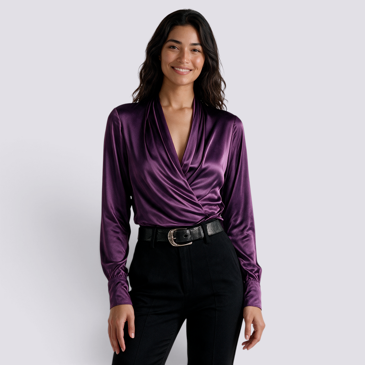 Camisa Satinada Mujer Escote Cruzado Elegante - Púrpura Front