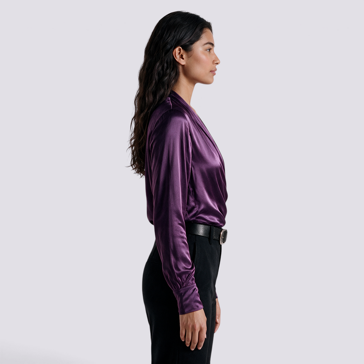Camisa Satinada Mujer Escote Cruzado Elegante - Púrpura Side