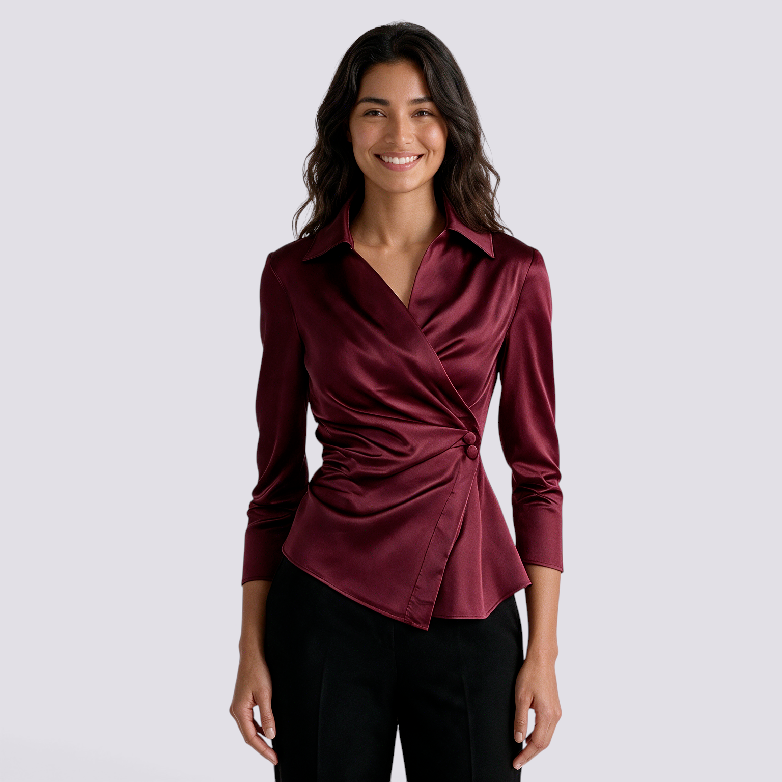 Camisa Satinada Mujer Cuello V Cruzada - Rojo Front