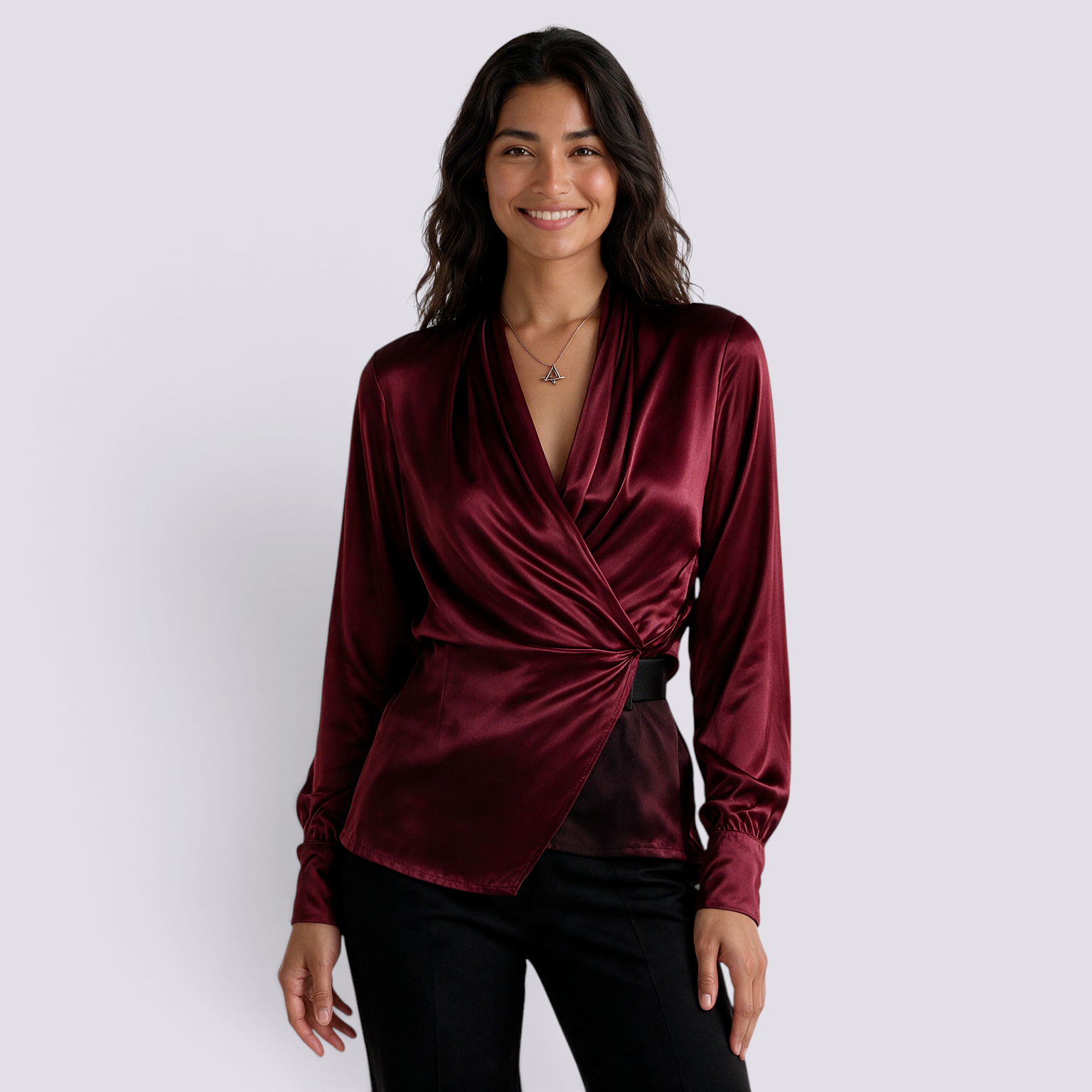 Camisa Satinada Mujer Escote Cruzado Elegante - Rojo Front