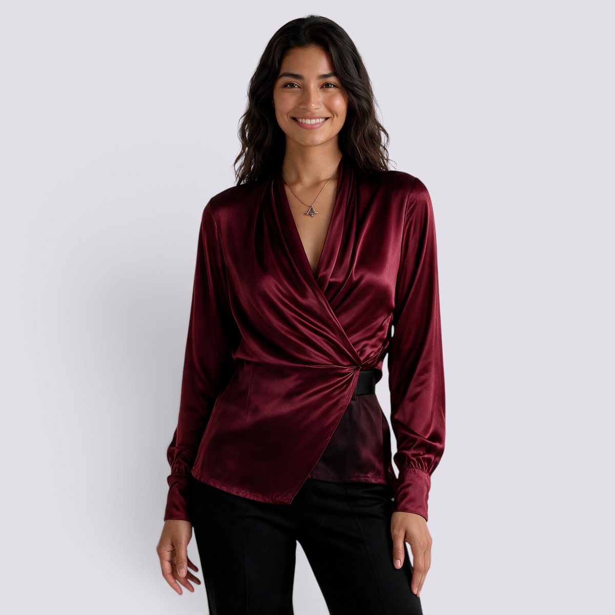 Camisa Satinada Mujer Escote Cruzado Elegante - Rojo Front
