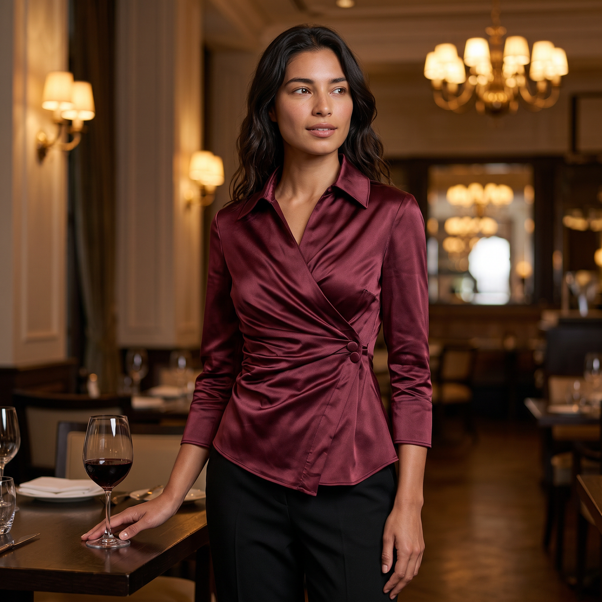 Camisa Satinada Mujer Cuello V Cruzada - Rojo Lifestyle