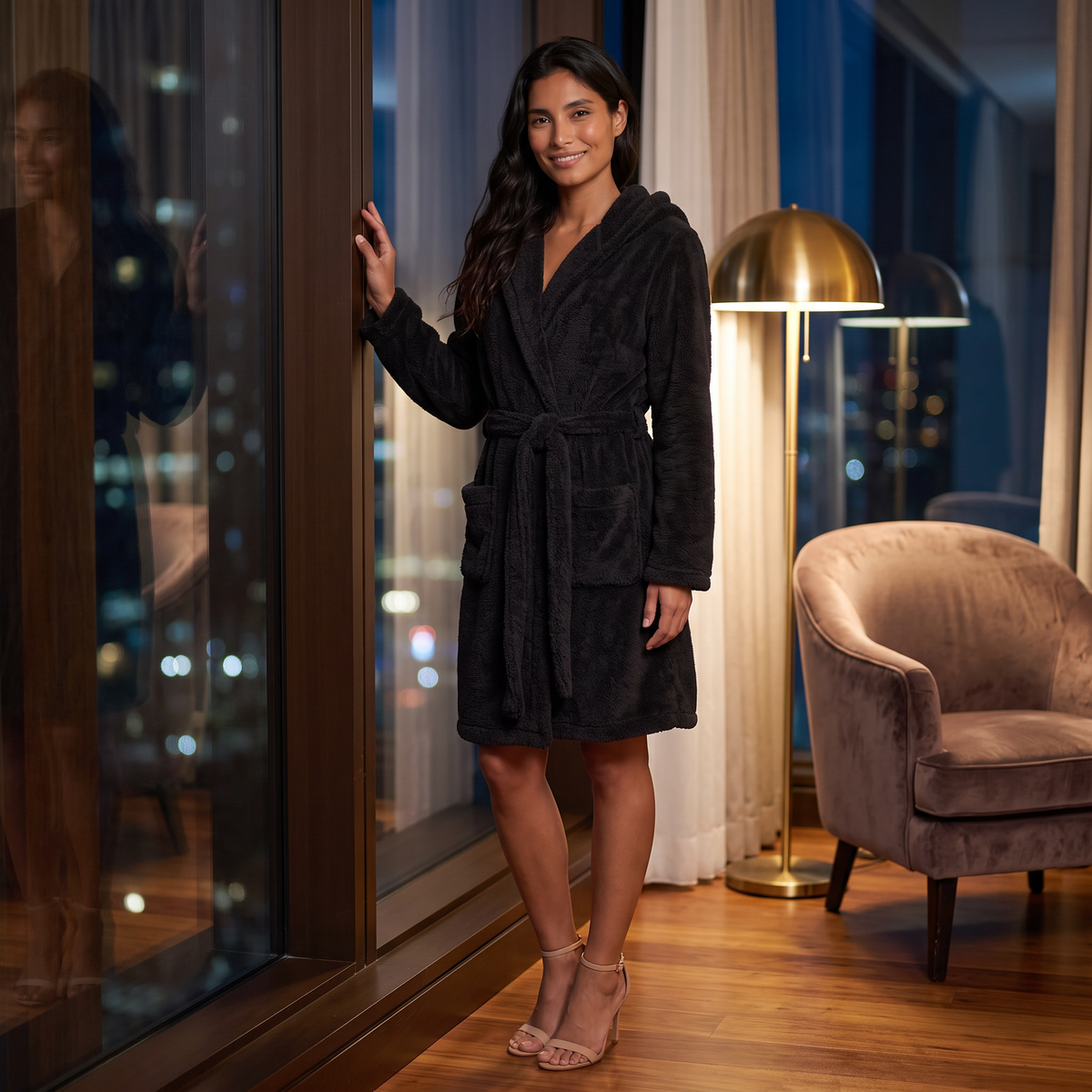 Albornoz de mujer con capucha de felpa suave y cinturón a juego color negro, look nocturno en una suite de hotel con vistas a la ciudad