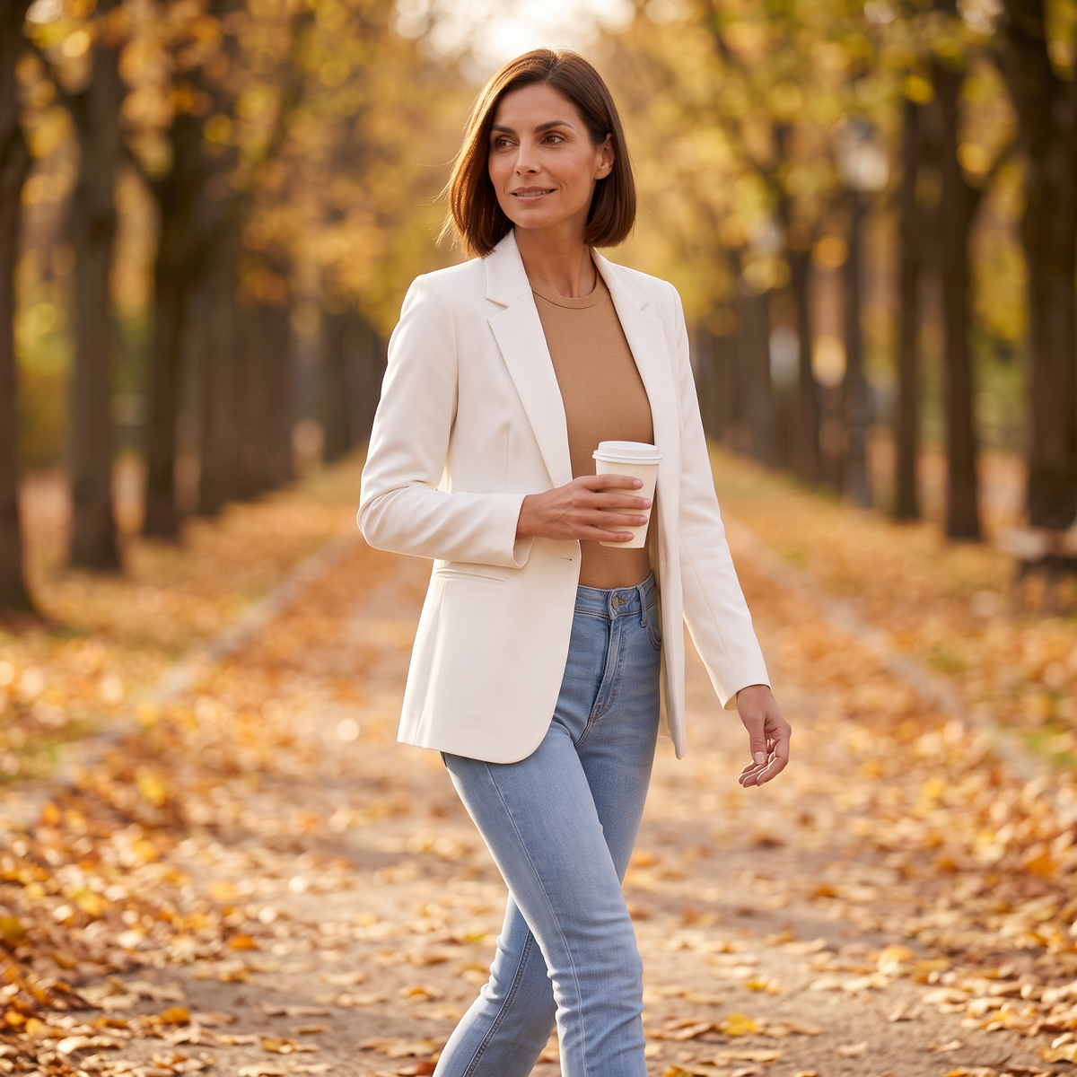 Mujer paseando por un parque en otoño con americana larga blanca abierta y un café para llevar