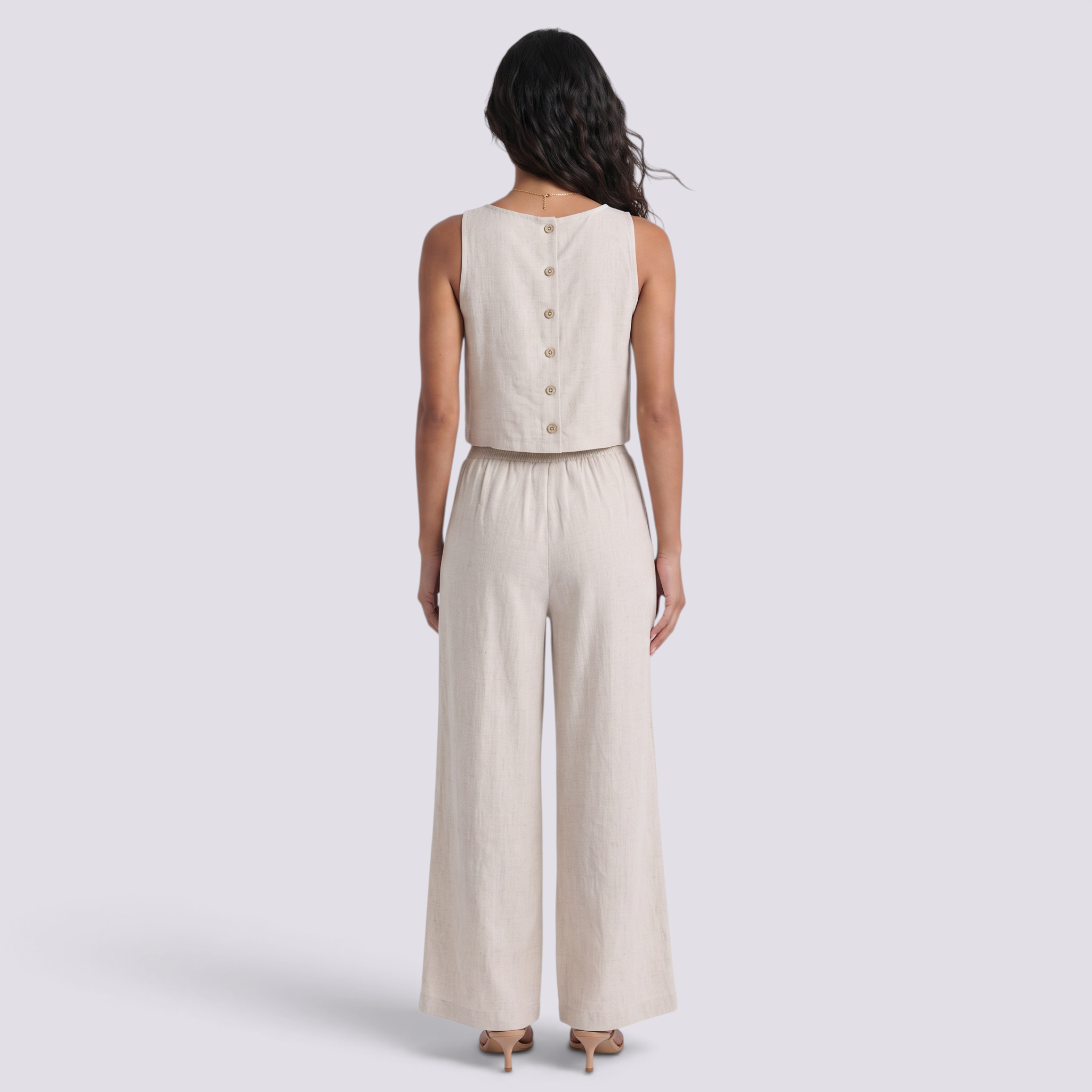 Conjunto Top y Pantalón Ancho Mujer - Beige - Espalda