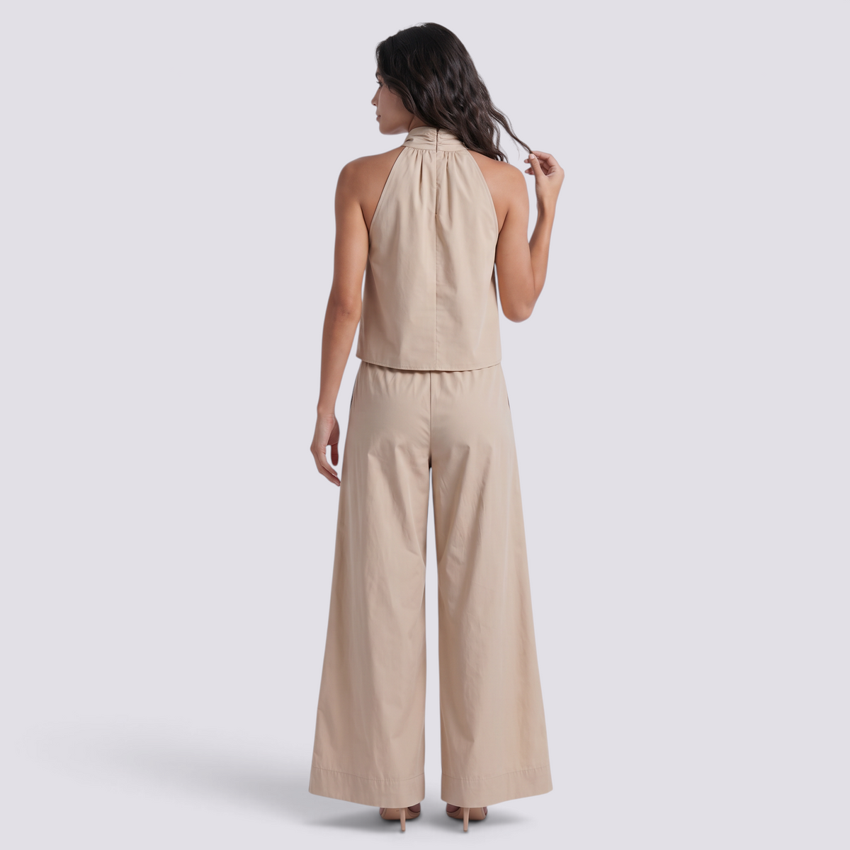 Conjunto Top Sin Mangas Mujer Pantalón Ancho - Beige - Vista trasera