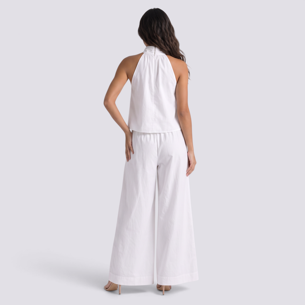 Conjunto Top Sin Mangas Mujer Pantalón Ancho - Blanco - Vista trasera