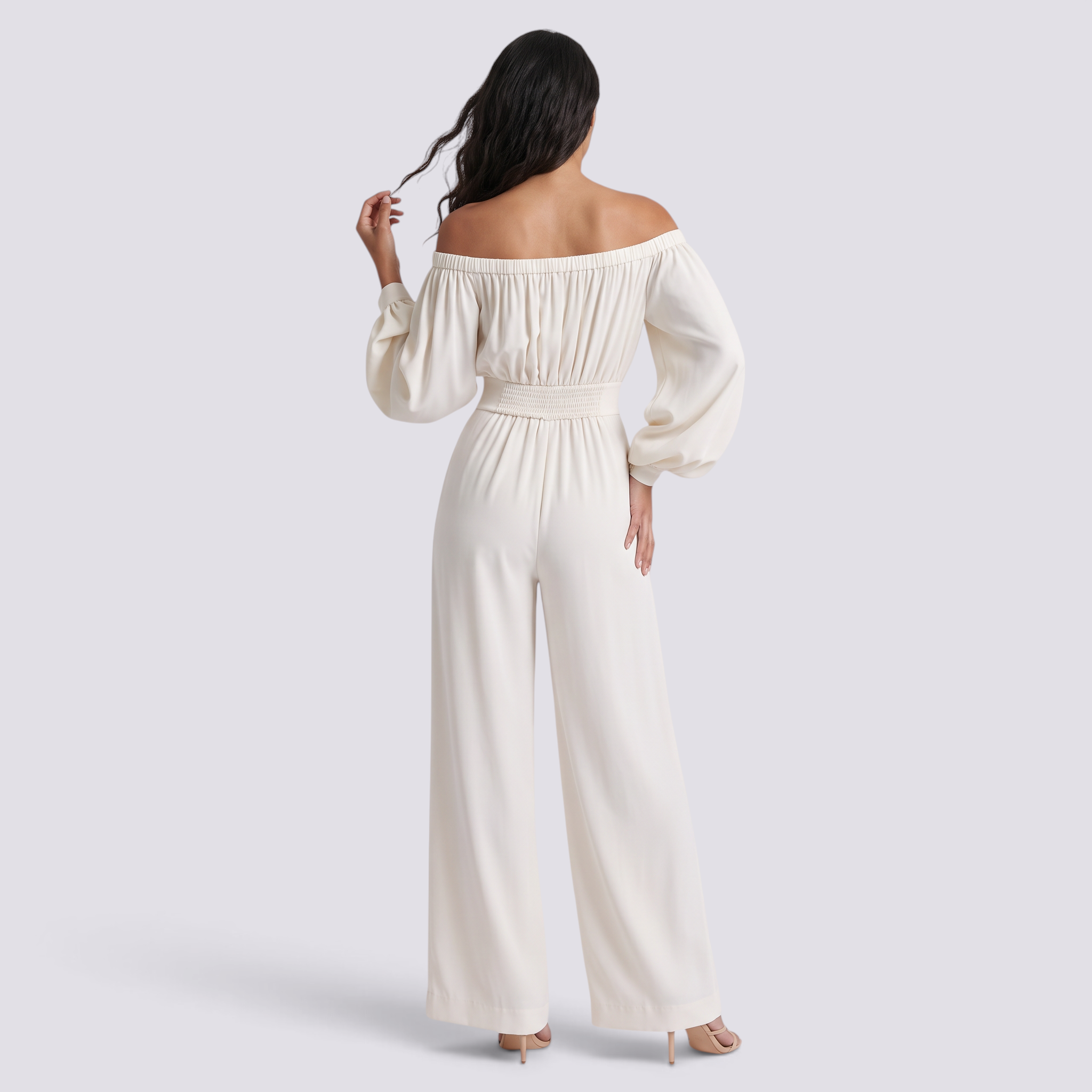 Mono Palazzo Mujer Escote Bardot - Blanco - Vista trasera