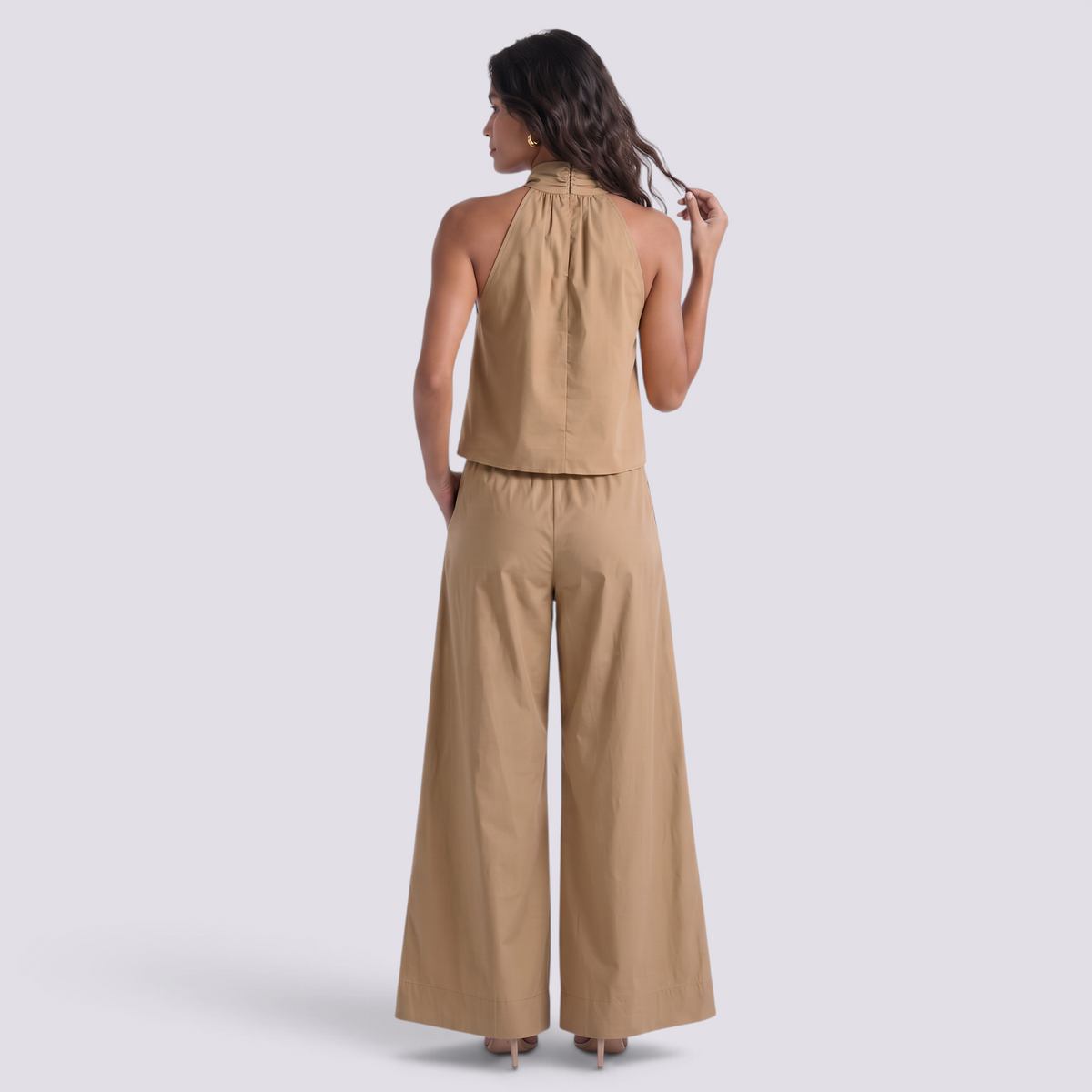Conjunto Top Sin Mangas Mujer Pantalón Ancho - Caqui - Vista trasera