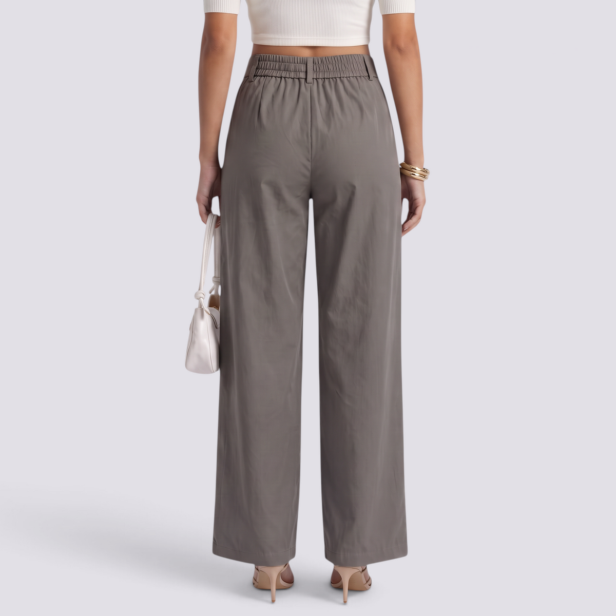 Pantalón Recto Ancho Mujer Cintura Alta - Gris - Vista posterior