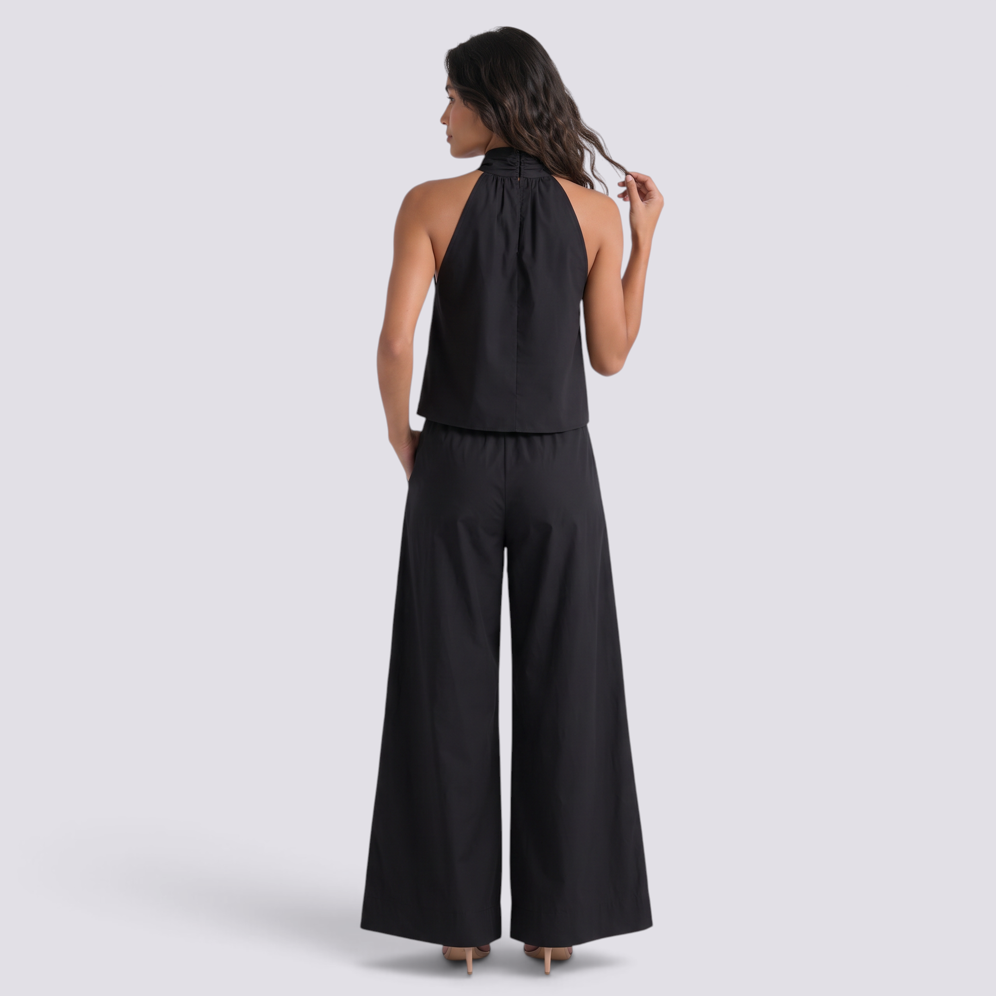 Conjunto Top Sin Mangas Mujer Pantalón Ancho - Negro - Vista trasera