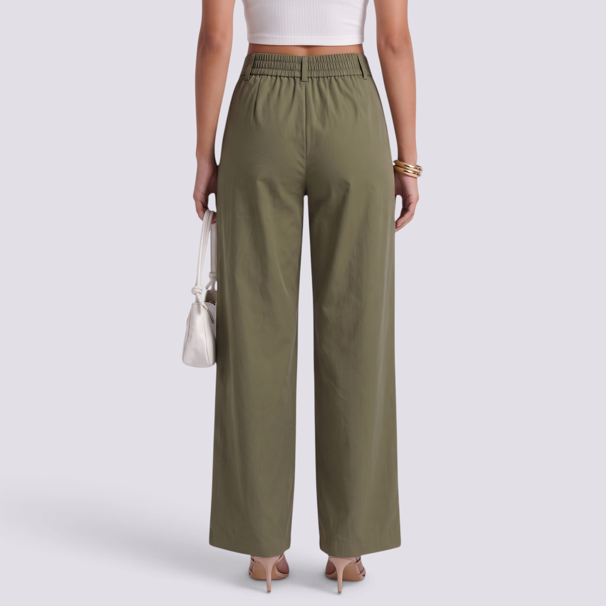 Pantalón Recto Ancho Mujer Cintura Alta - Verde Militar - Vista posterior