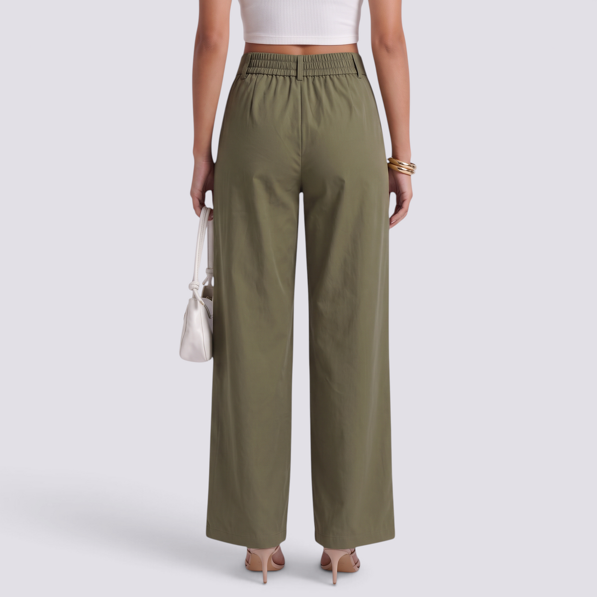 Pantalón Recto Ancho Mujer Cintura Alta - Verde Militar - Vista posterior