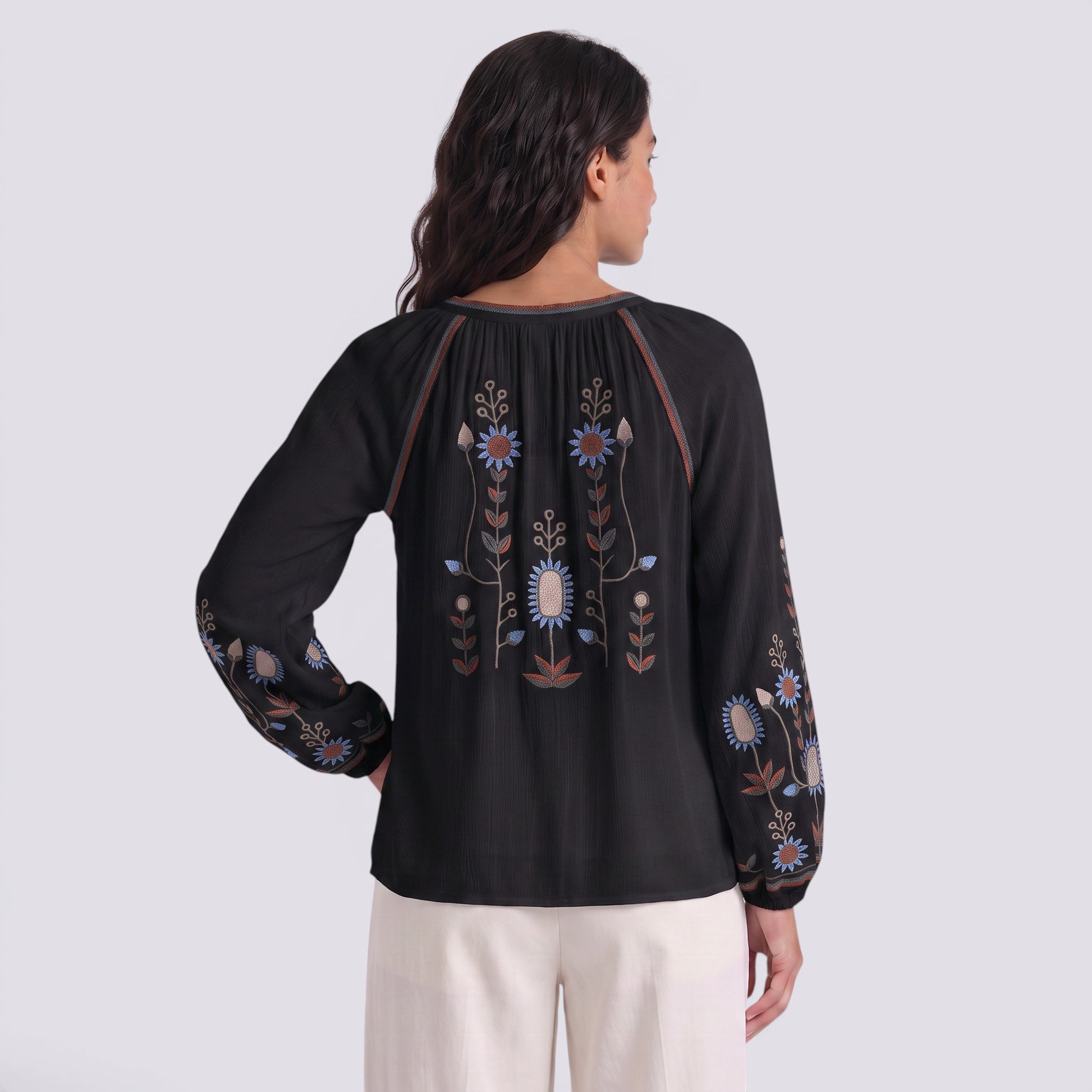 Camisa Mujer Manga Bordada Estilo Boho Abullonada