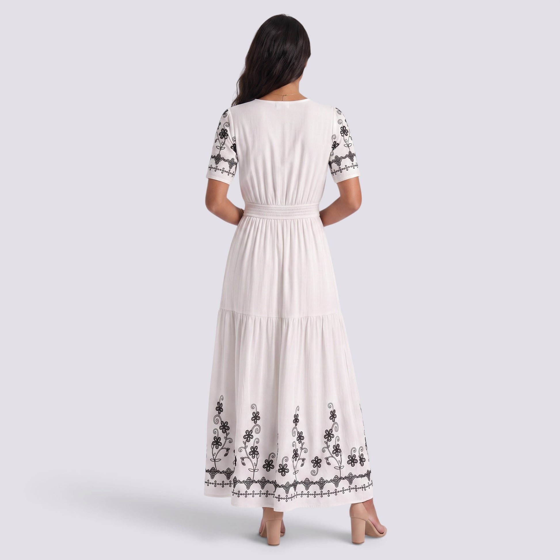 Vestido Midi Boho Bordado Mujer Escote Pico