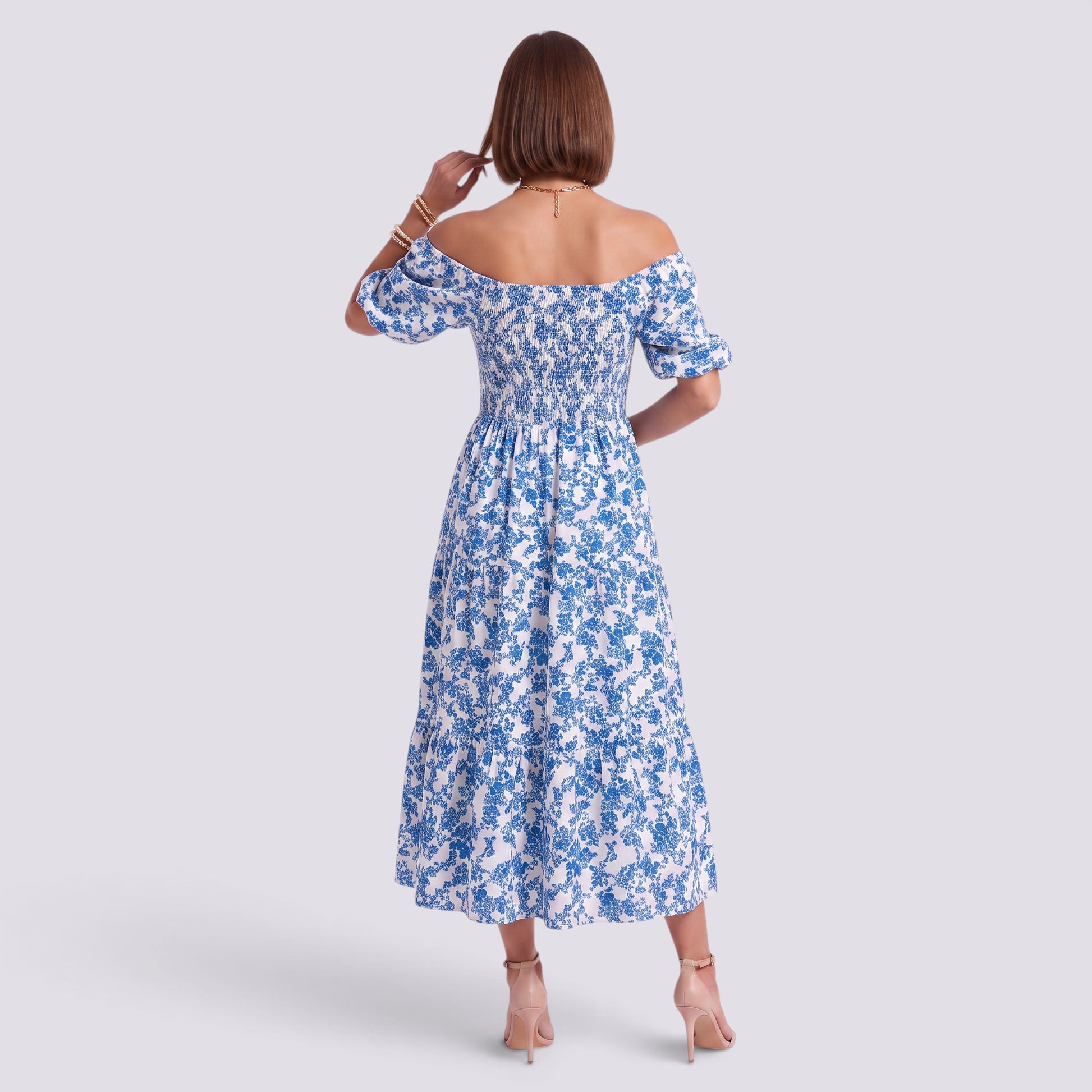 Vestido Floral Mujer Elegante Manga Corta Talle Alto