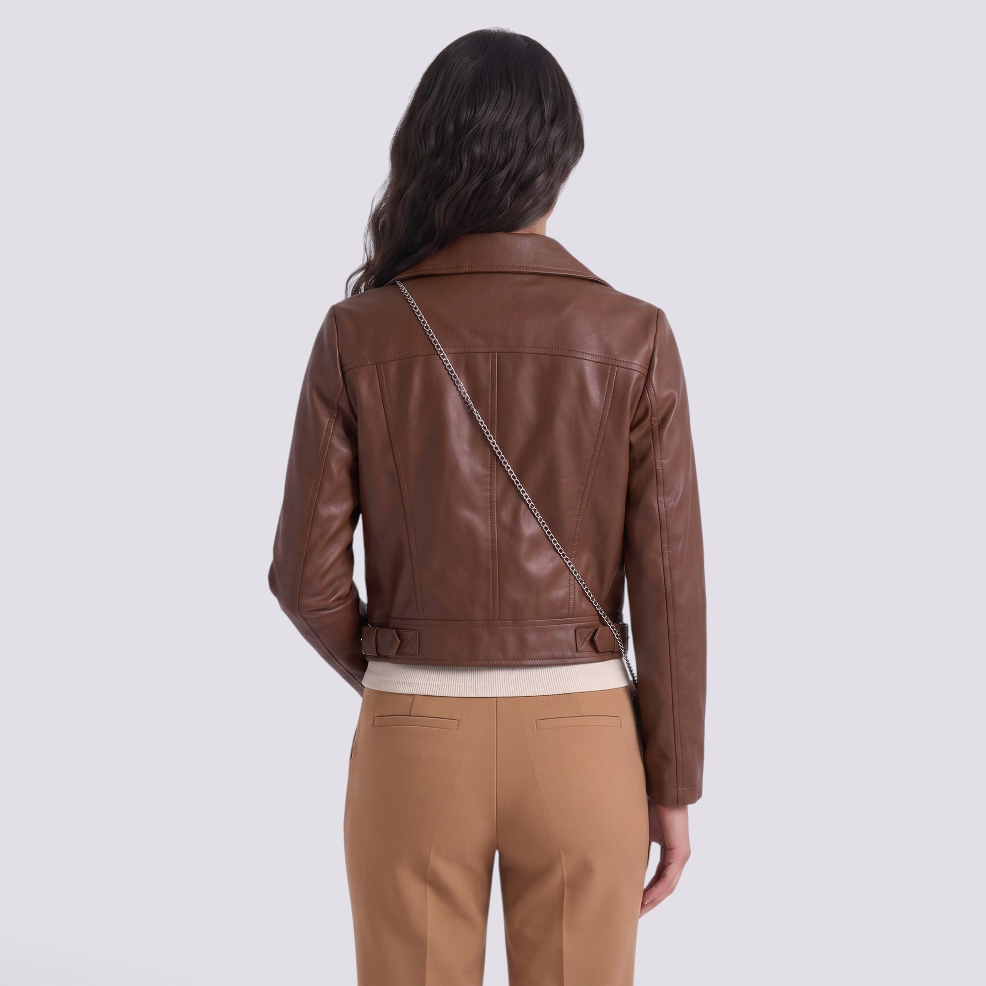 Chaqueta Mujer Corta Efecto Piel Motera Estilo