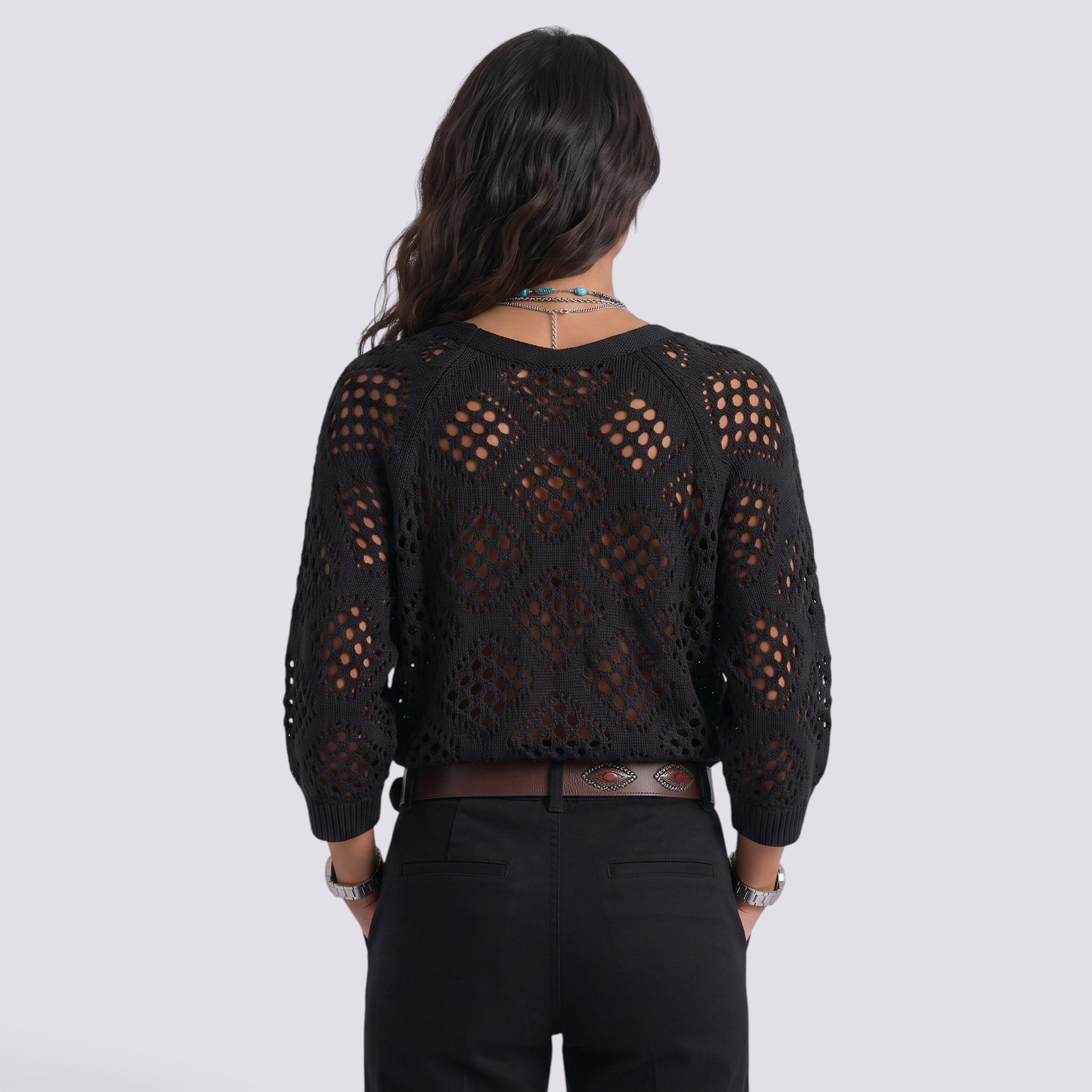 Blusa Mujer Punto Calado Manga Larga Elegante