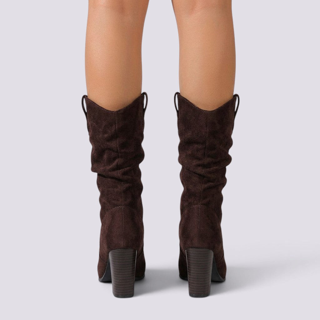 Botas Mujer Ante Tacón Grueso Plisadas