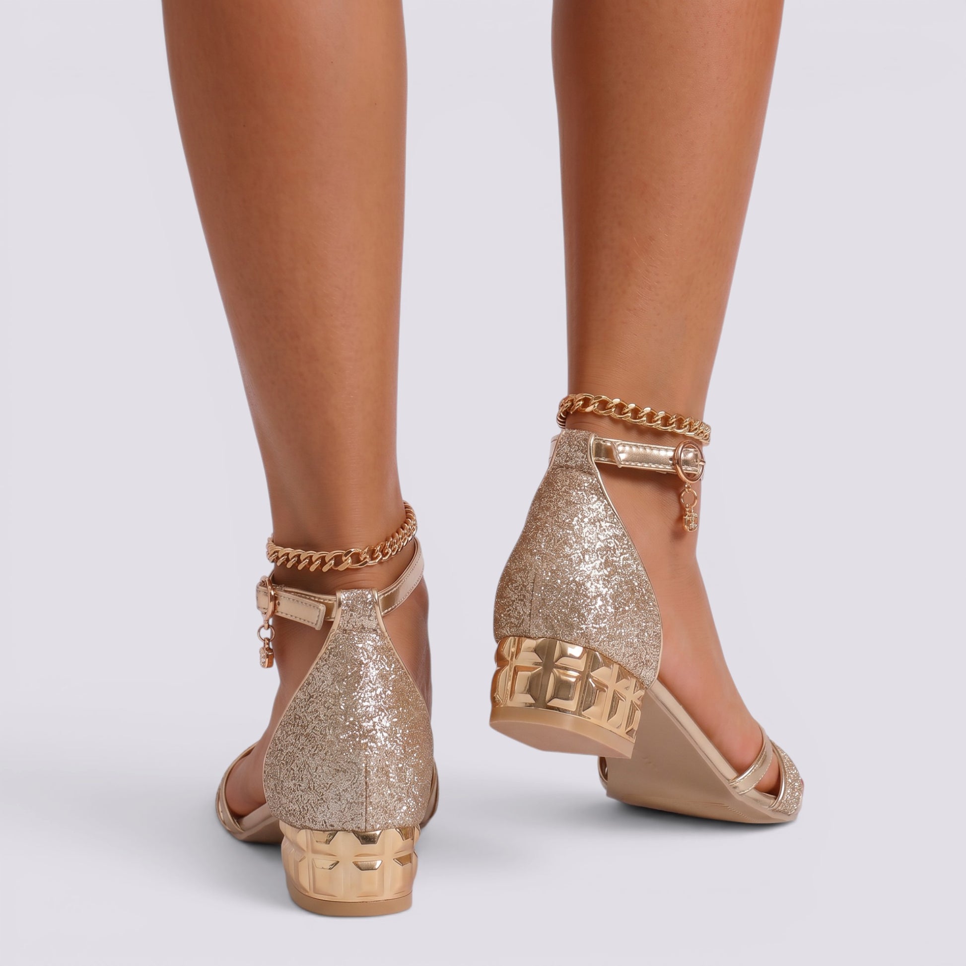 Sandalias Mujer Tacón Bajo Brillo Fiesta