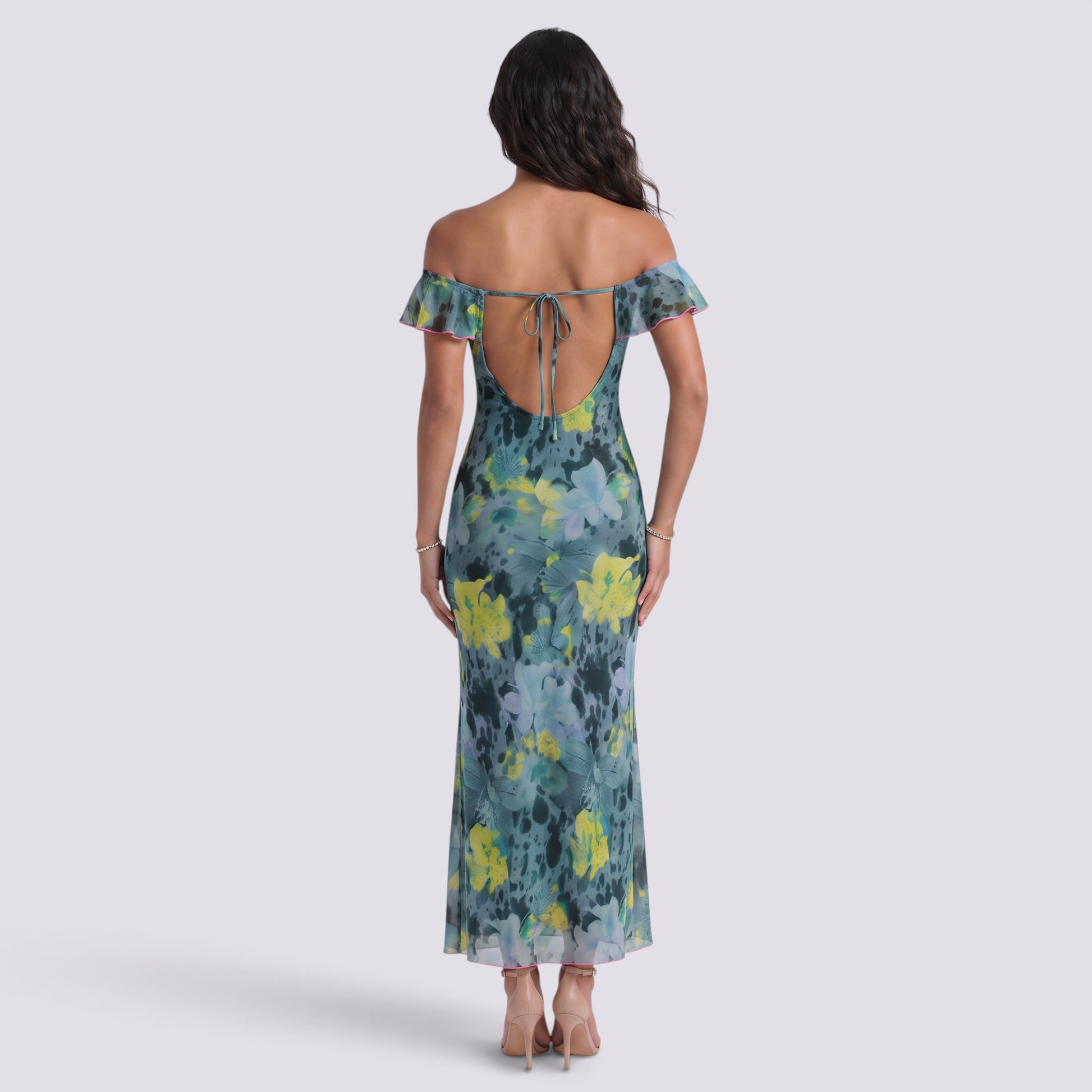 Vestido Estampado de Fiesta Palabra de Honor Cordones
