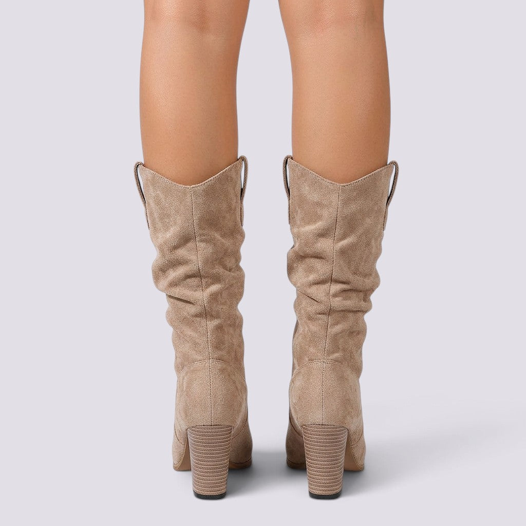 Botas Mujer Ante Tacón Grueso Plisadas