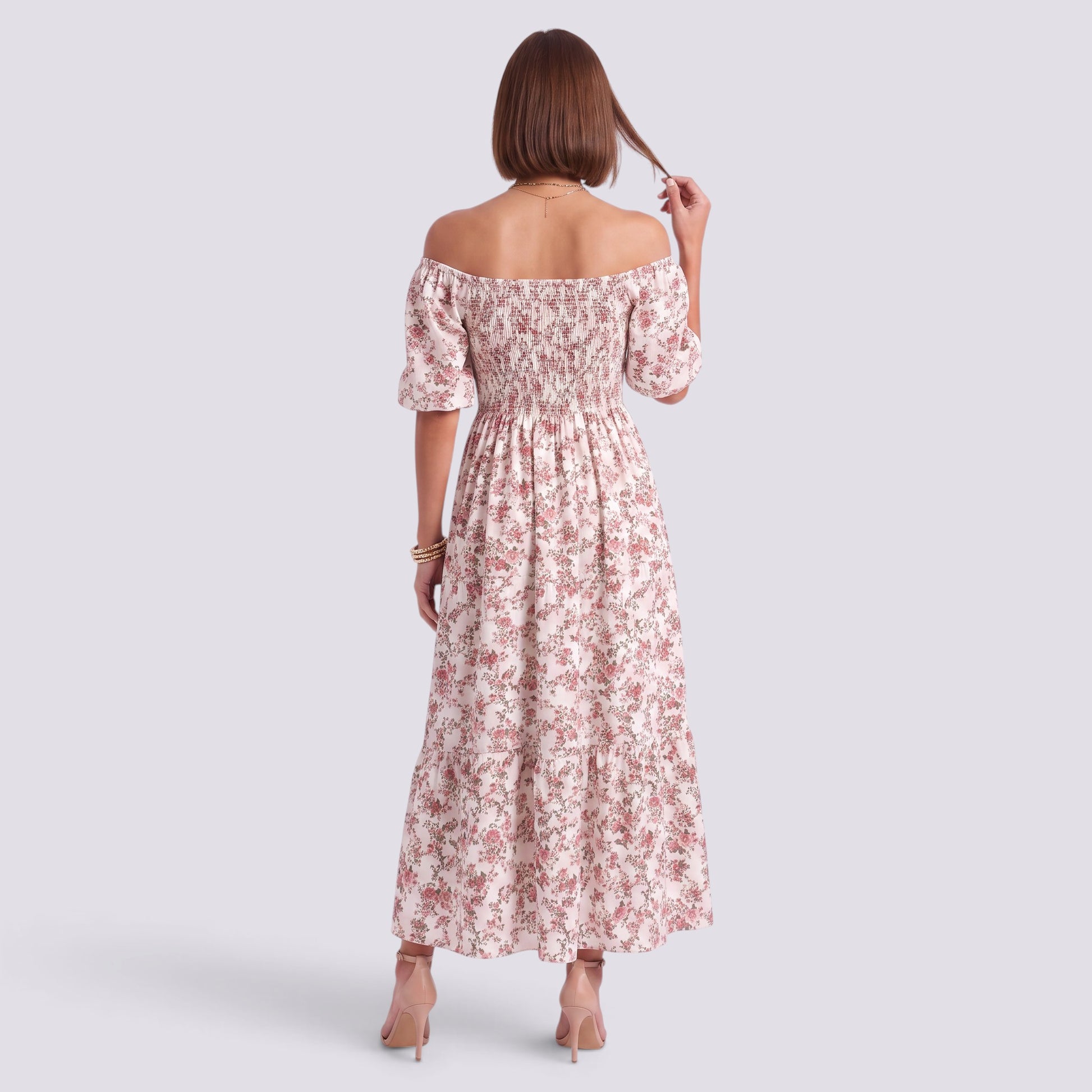 Vestido Floral Mujer Elegante Manga Corta Talle Alto