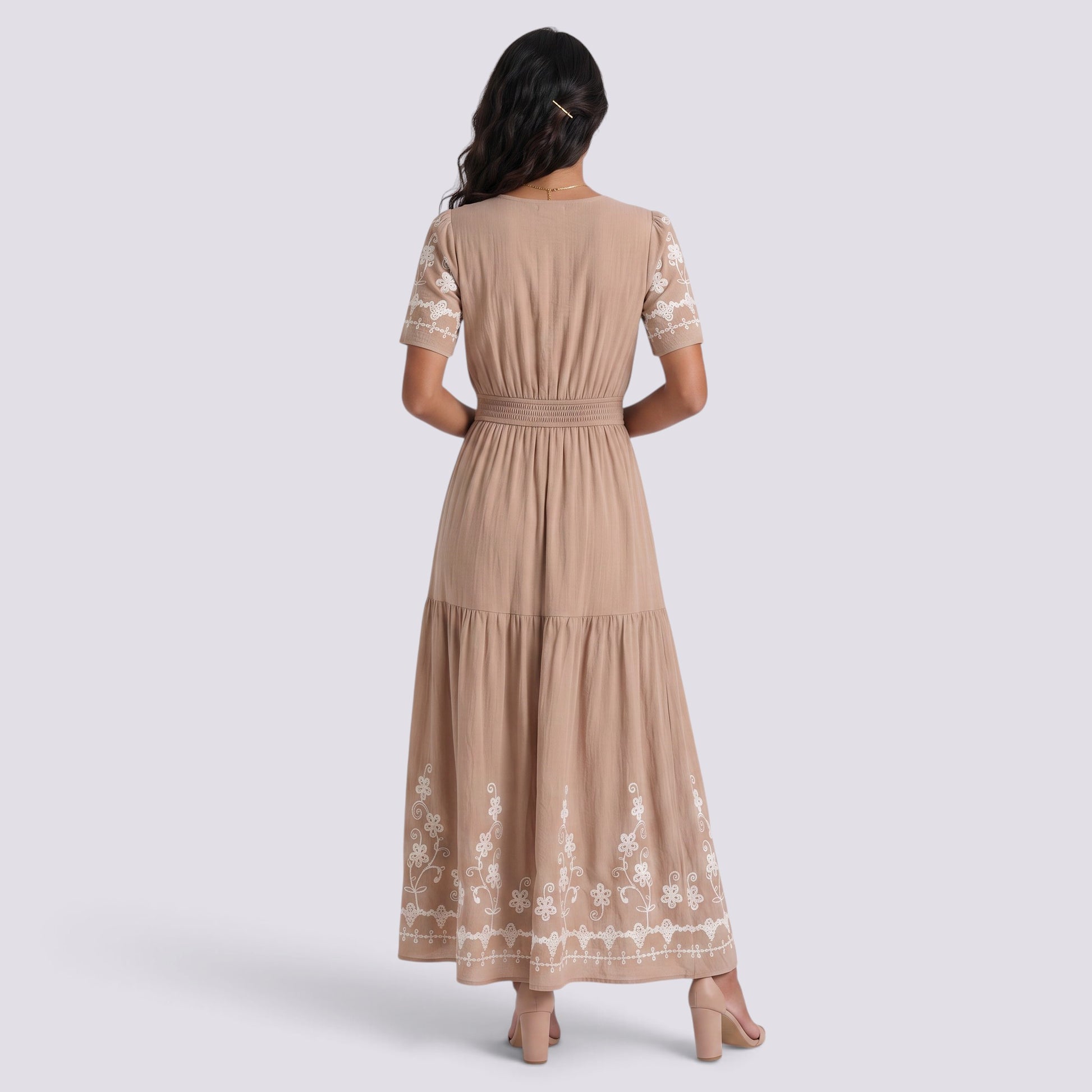 Vestido Midi Boho Bordado Mujer Escote Pico