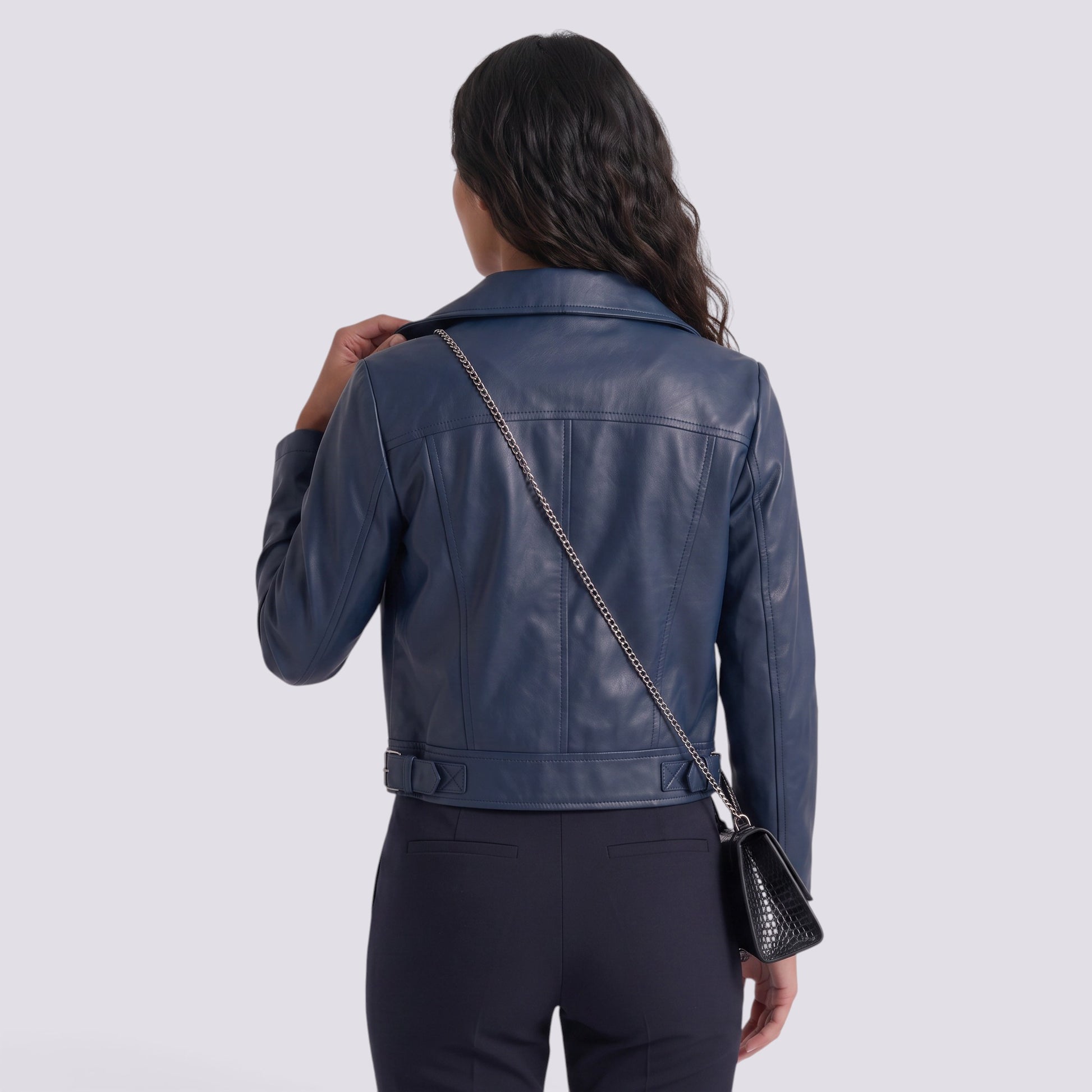 Chaqueta Mujer Corta Efecto Piel Motera Estilo
