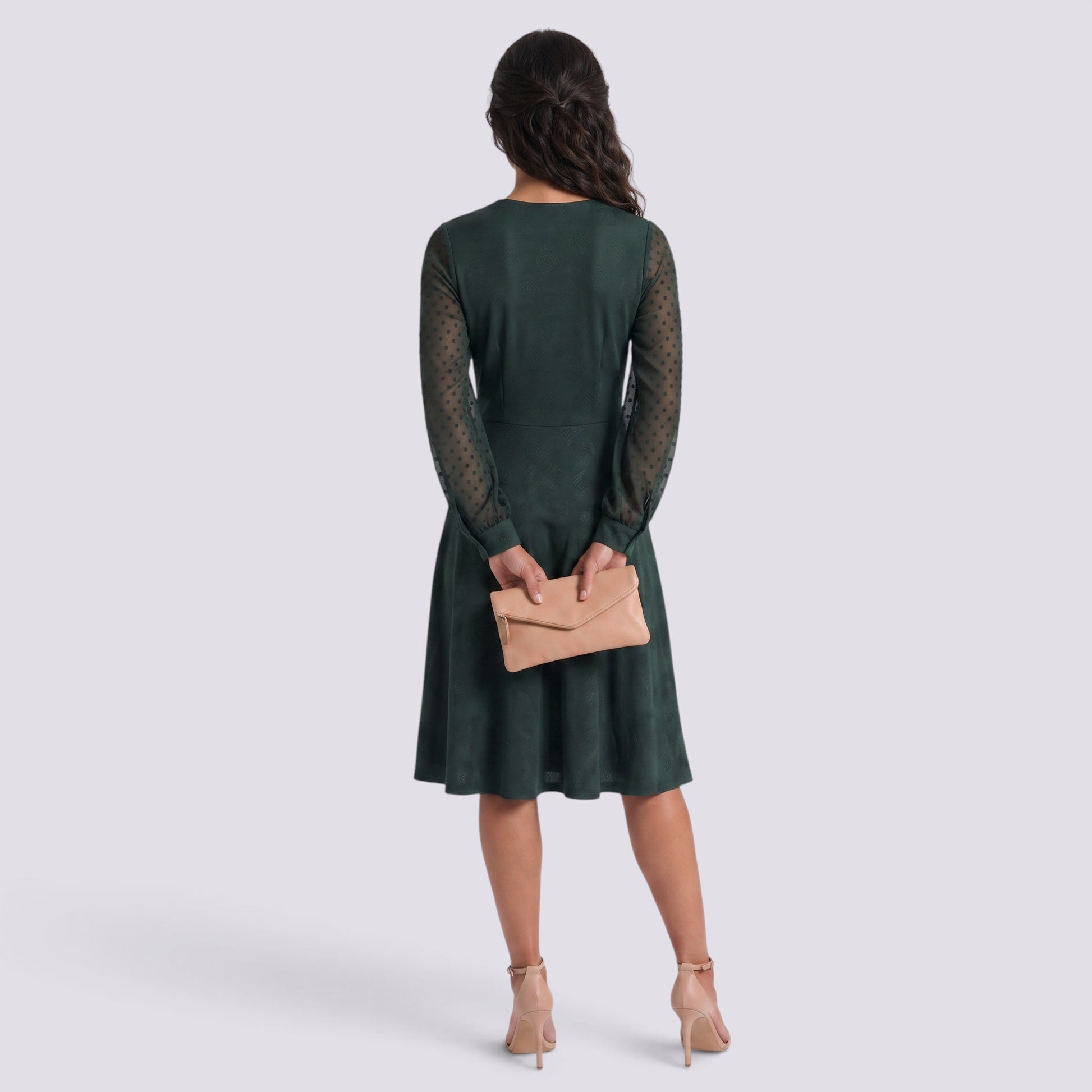 Vestido Mujer Manga Larga Elegante Cuello Pico Jacquard