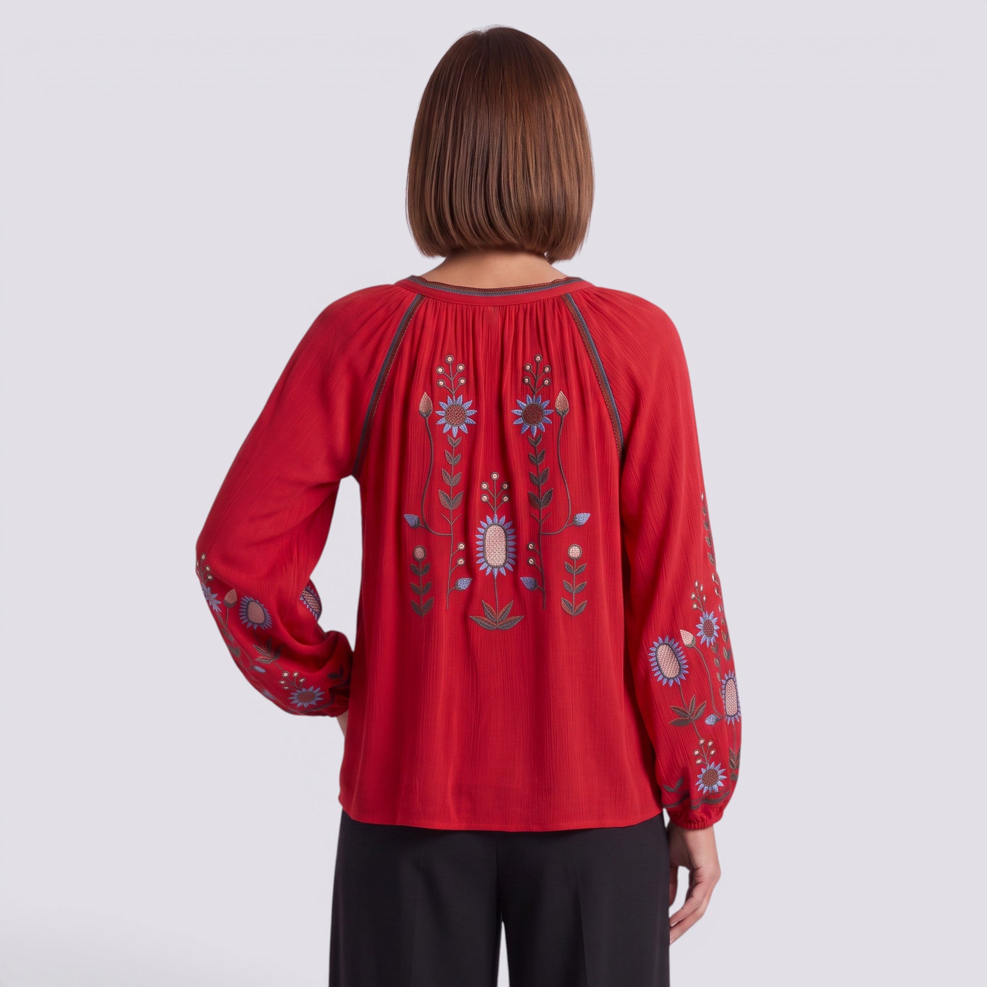 Camisa Mujer Manga Bordada Estilo Boho Abullonada