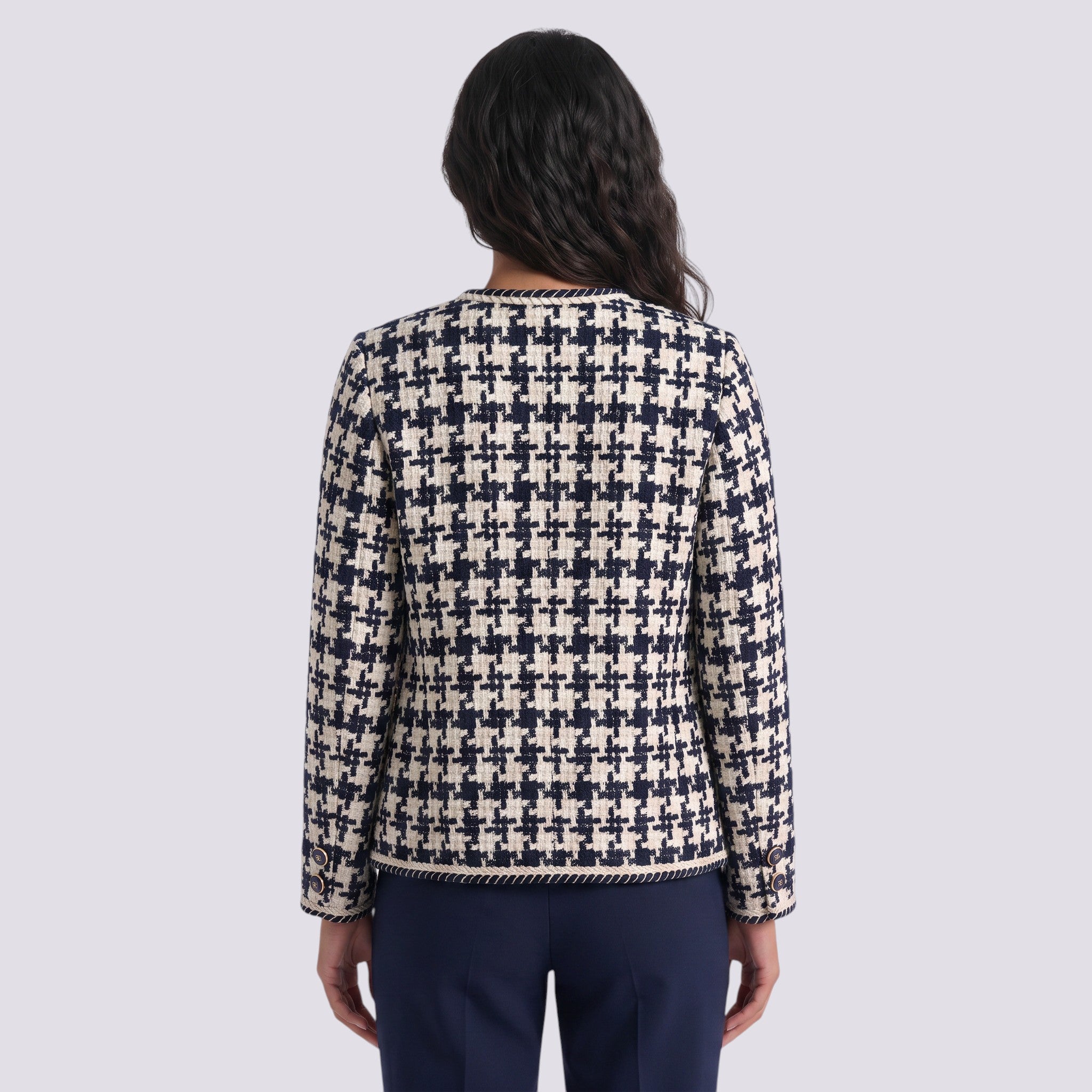 Chaqueta Mujer Pata de Gallo Corta Cuello Redondo