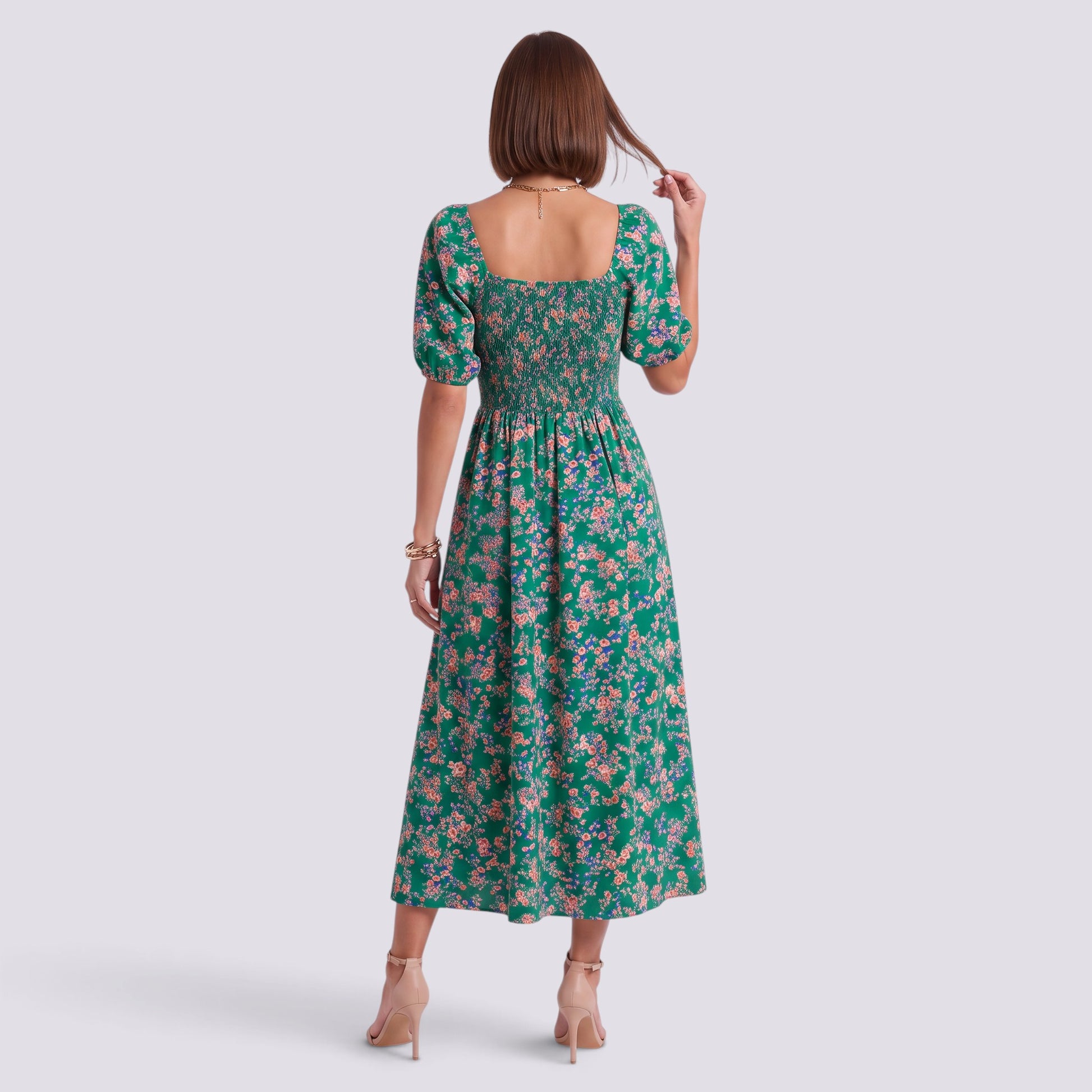 Vestido Floral Mujer Elegante Manga Corta Talle Alto