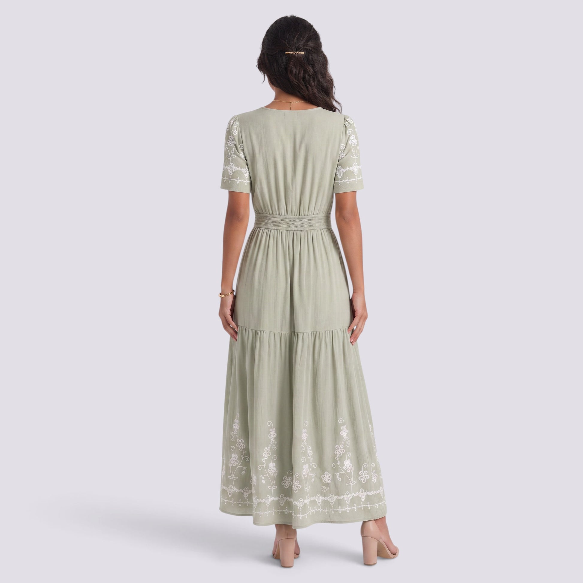 Vestido Midi Boho Bordado Mujer Escote Pico