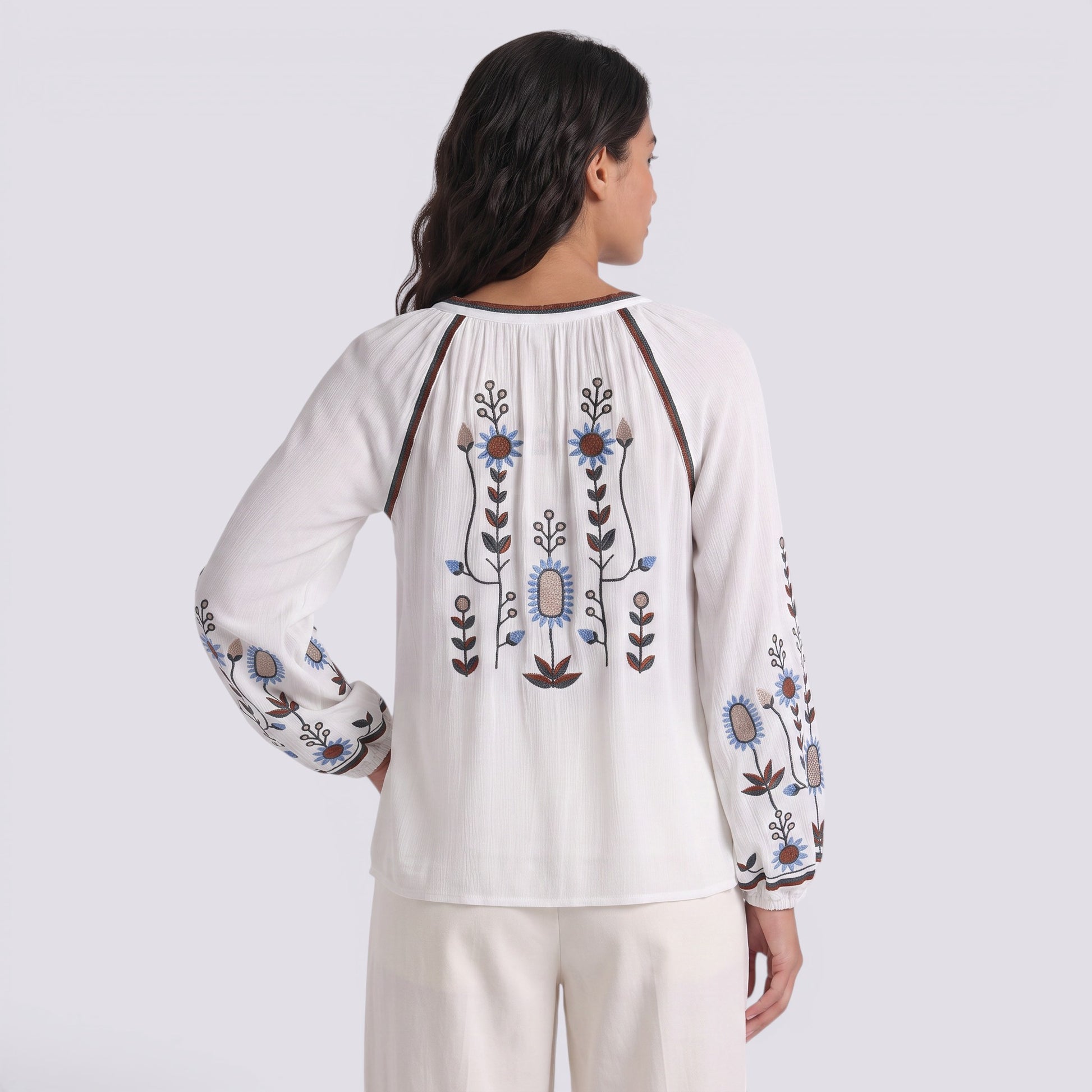 Camisa Mujer Manga Bordada Estilo Boho Abullonada