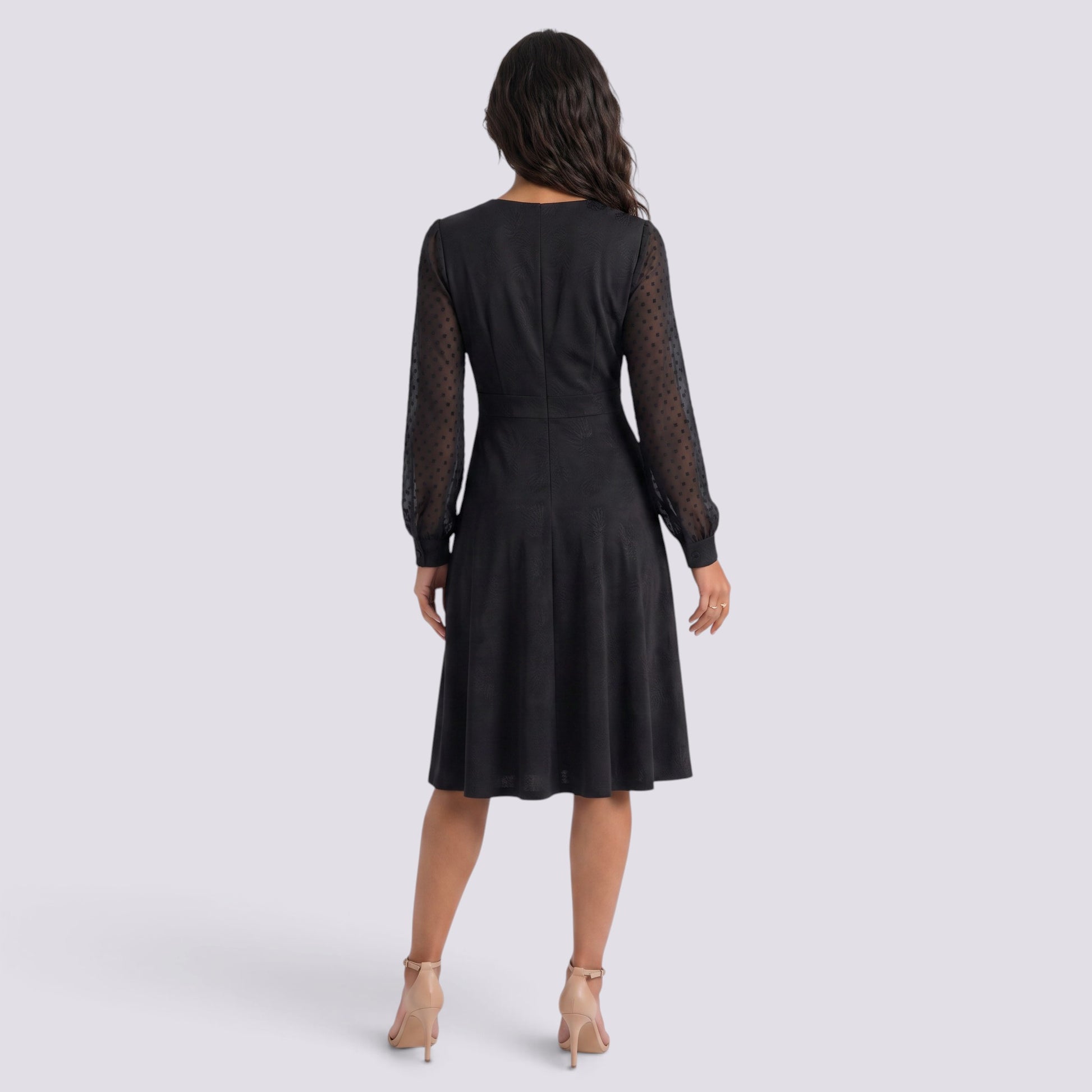 Vestido Mujer Manga Larga Elegante Cuello Pico Jacquard