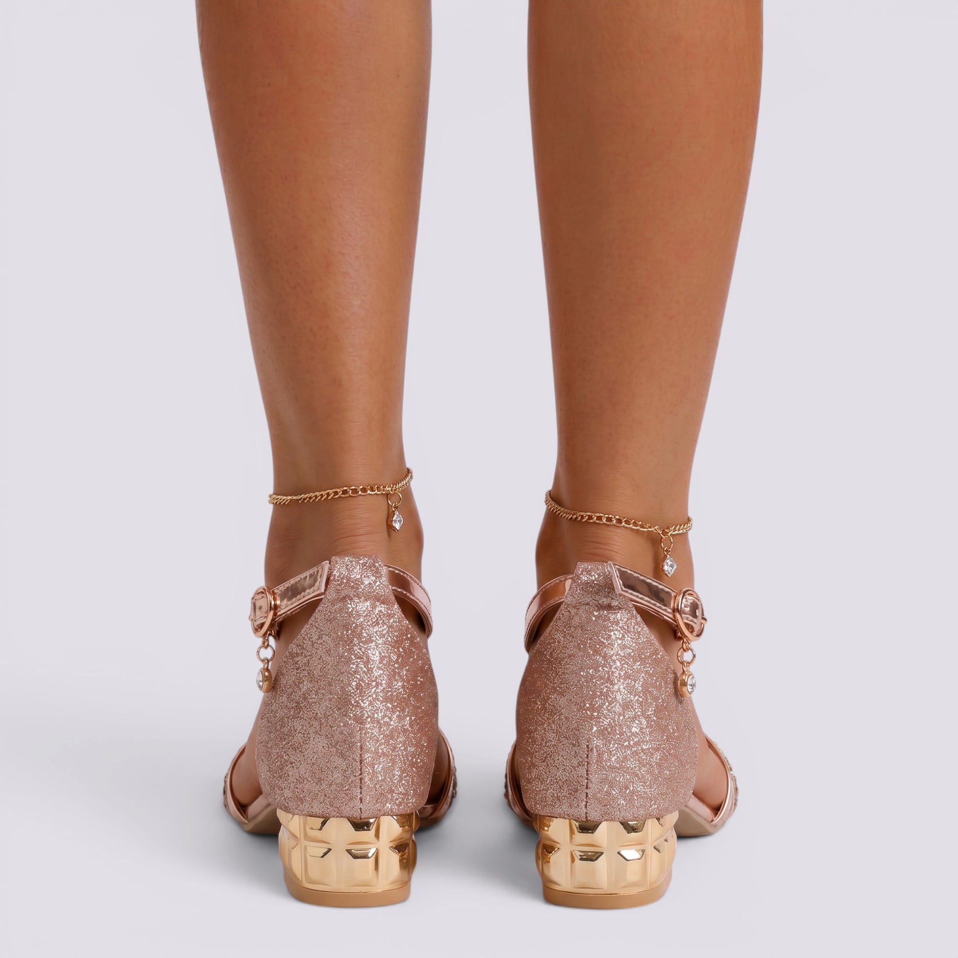 Sandalias Mujer Tacón Bajo Brillo Fiesta
