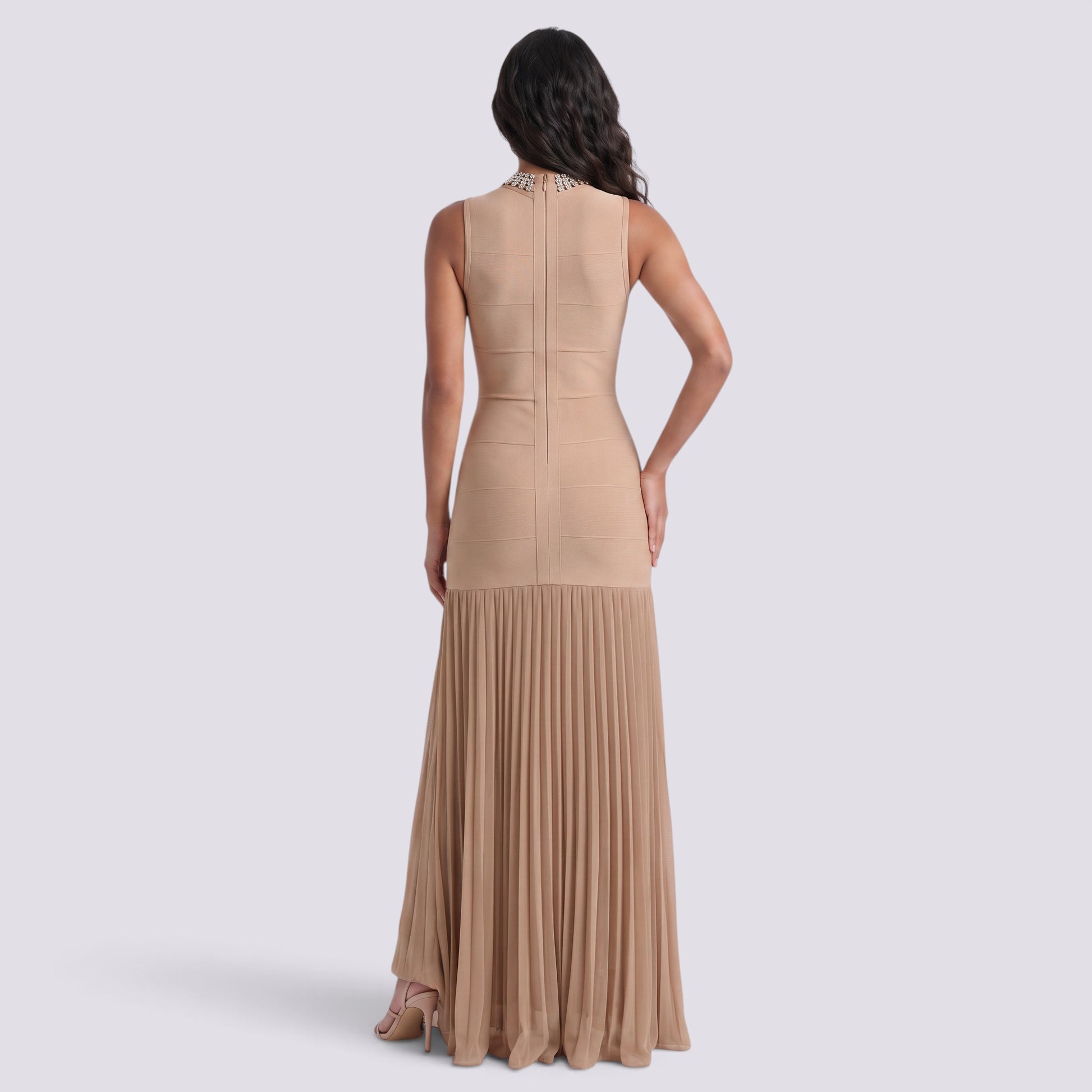 Vestido Largo Fiesta Pedrería Cuello Alto