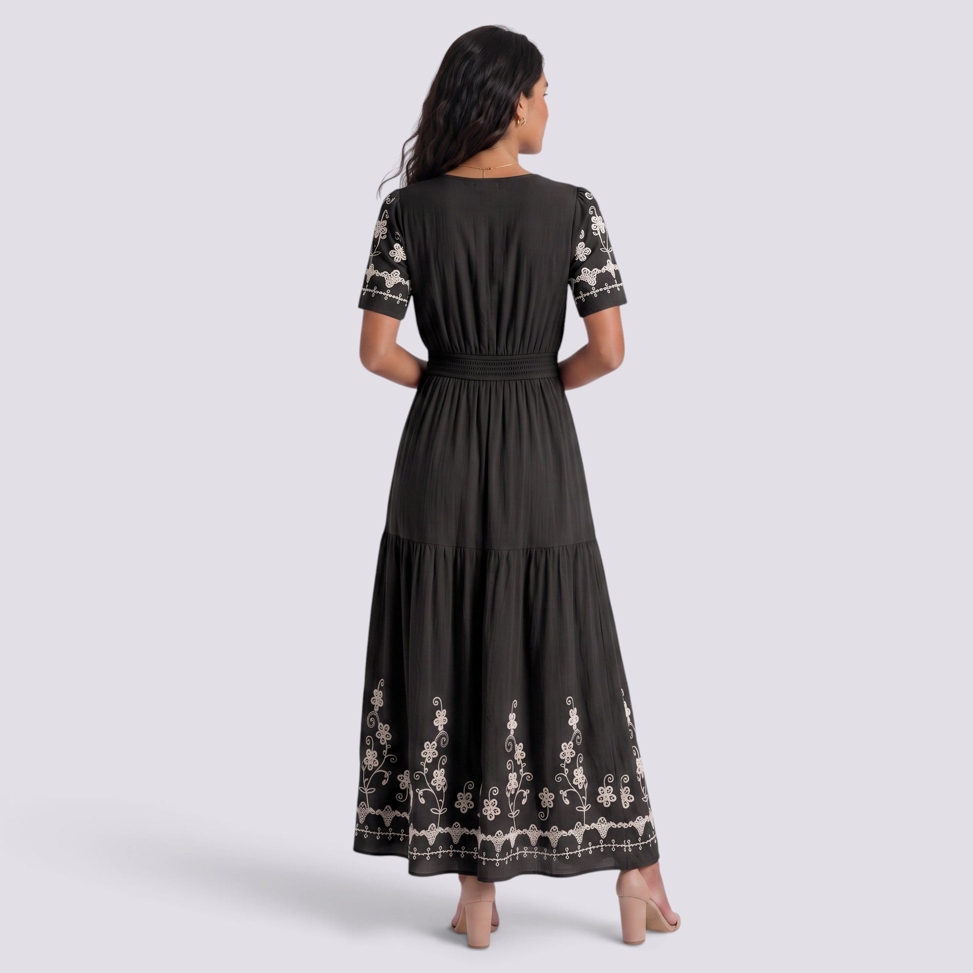 Vestido Midi Boho Bordado Mujer Escote Pico