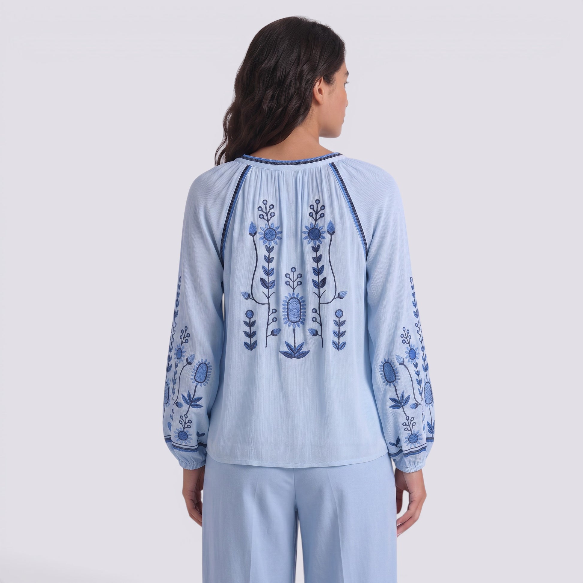 Camisa Mujer Manga Bordada Estilo Boho Abullonada
